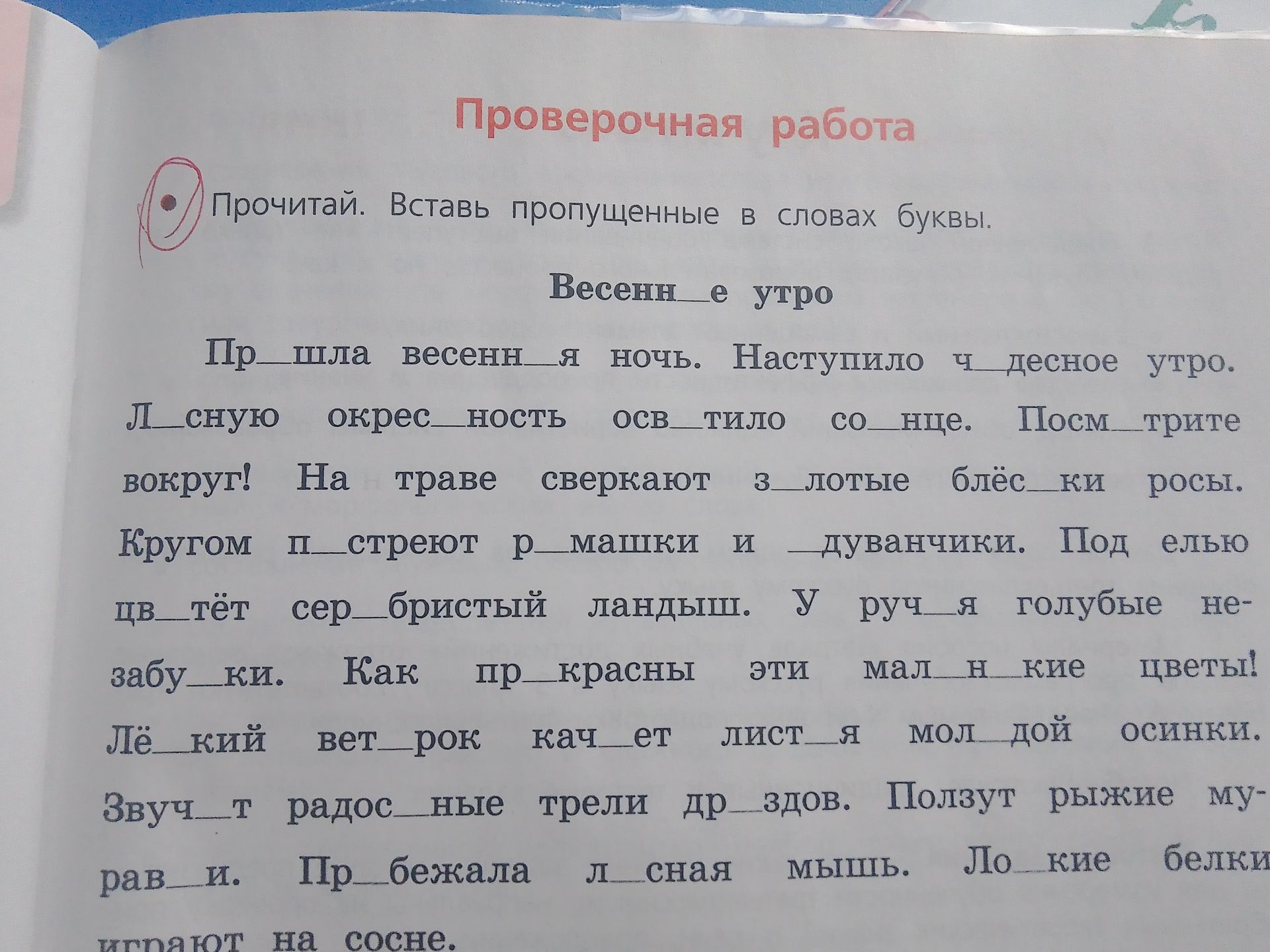 Фото задания: Прочитай. Вставь пропущенные в словах буквы.