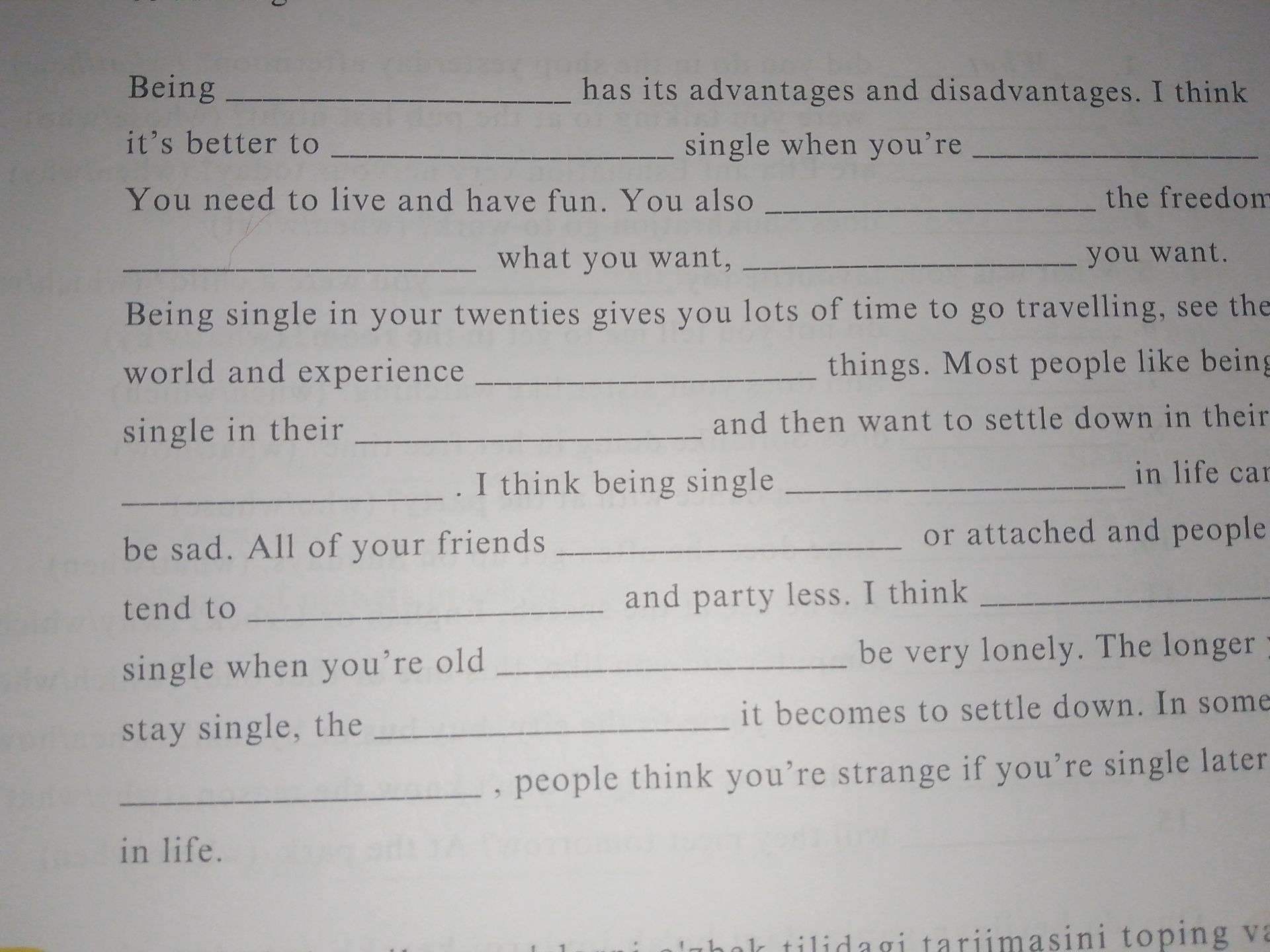 Фото задания: I think being single __________ . I think being single __________ . I think being single __________ .