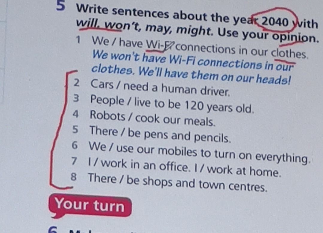 Фото задания: 5 Write sentences about the year 2040 with will, won't, may, might. Use your opinion. 1 We/have Wi-Fi connections in our…