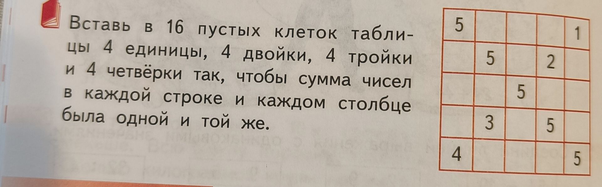 Фото задания: Вставь в 16 пустых клеток таблицы 4 единицы, 4 двойки, 4 тройки и 4 четвёрки так, чтобы сумма чисел в каждой строке и…