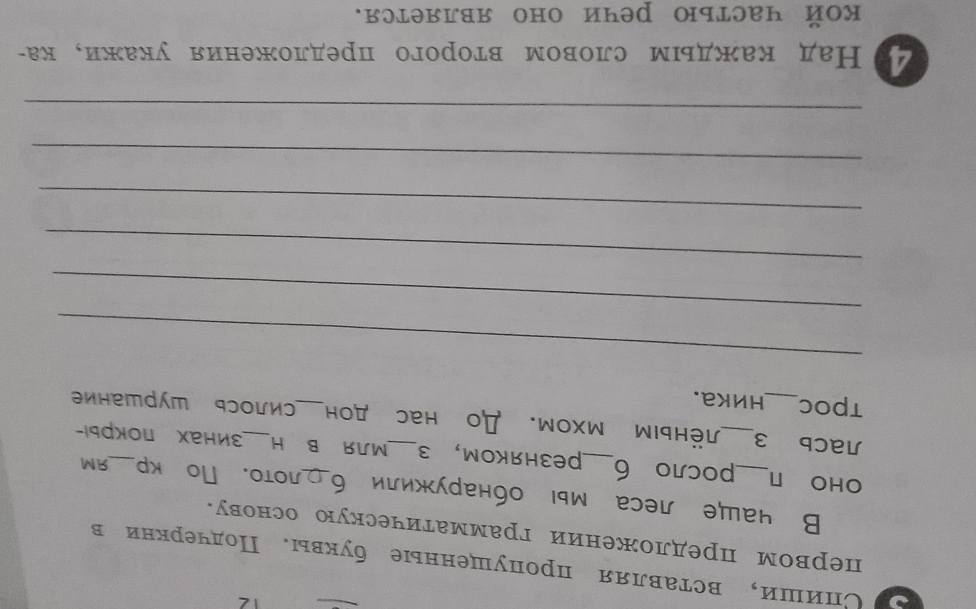 Фото задания: Спиши, вставляя пропущенные буквы. Подчеркни в первом предложении грамматическую основу.