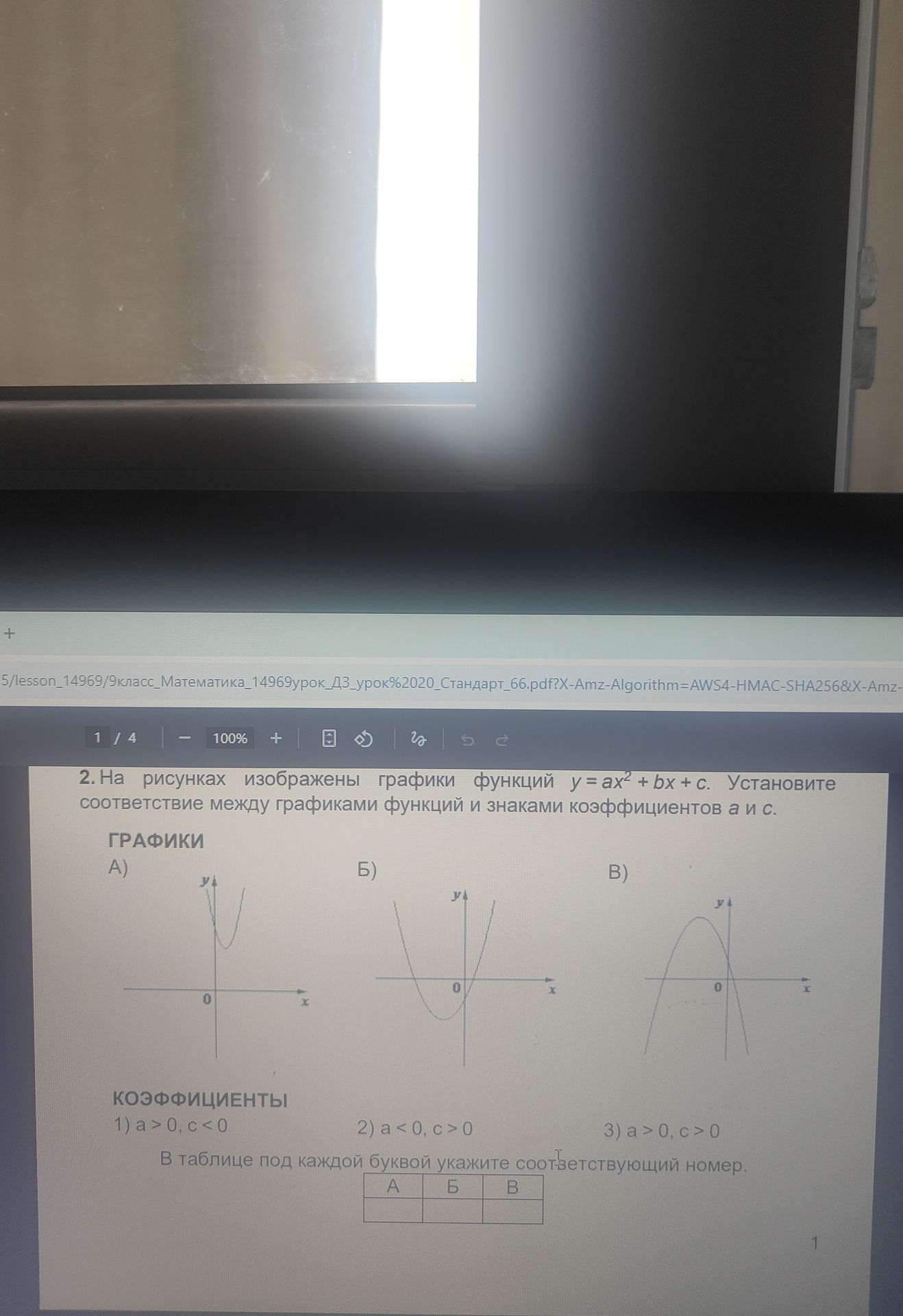 Фото задания: 2. На рисунках изображены графики функций y = ax^2 + bx + c. Установите соответствие между графиками функций и знаками…