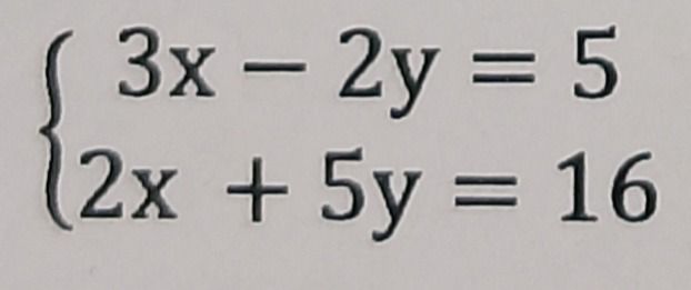 Фото задания: Solve the system of equations: { 3x - 2y = 5 { 2x + 5y = 16