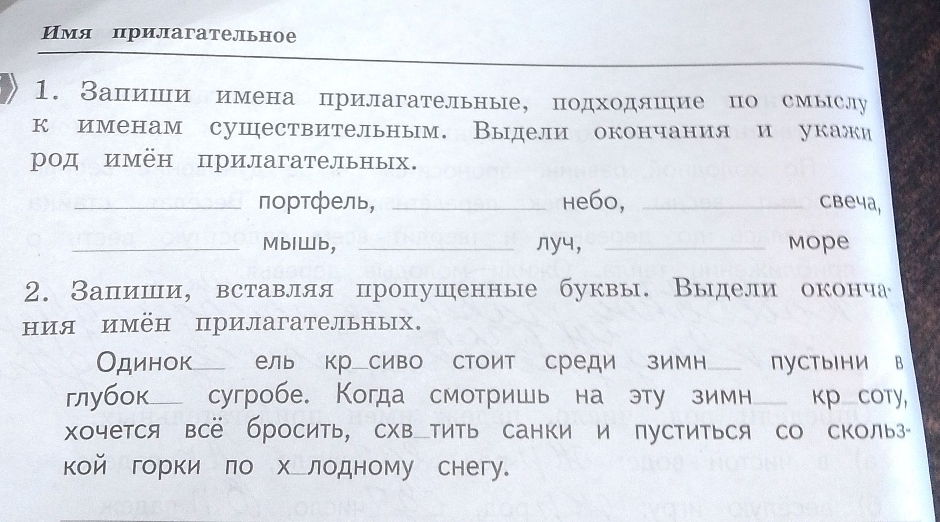 Фото задания: 1. Запиши имена прилагательные, подходящие по смыслу к именам существительным. Выдели окончания и укажи род имён…