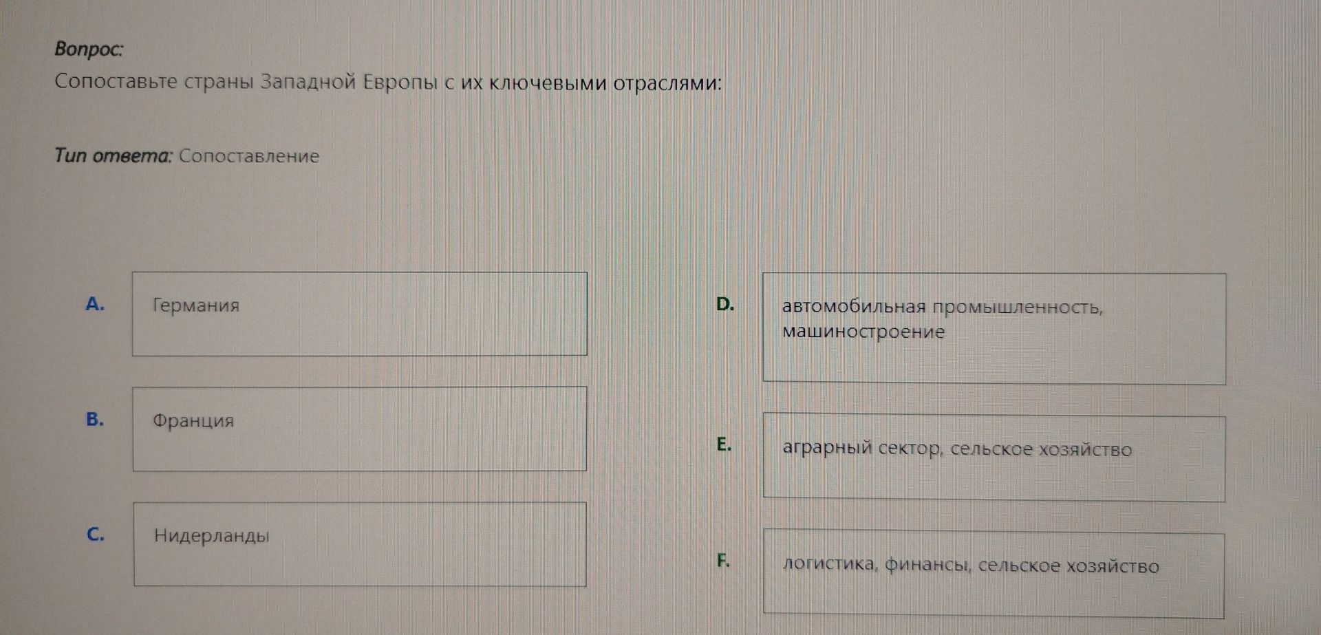 Фото задания: Сопоставьте страны Западной Европы с их ключевыми отраслями: