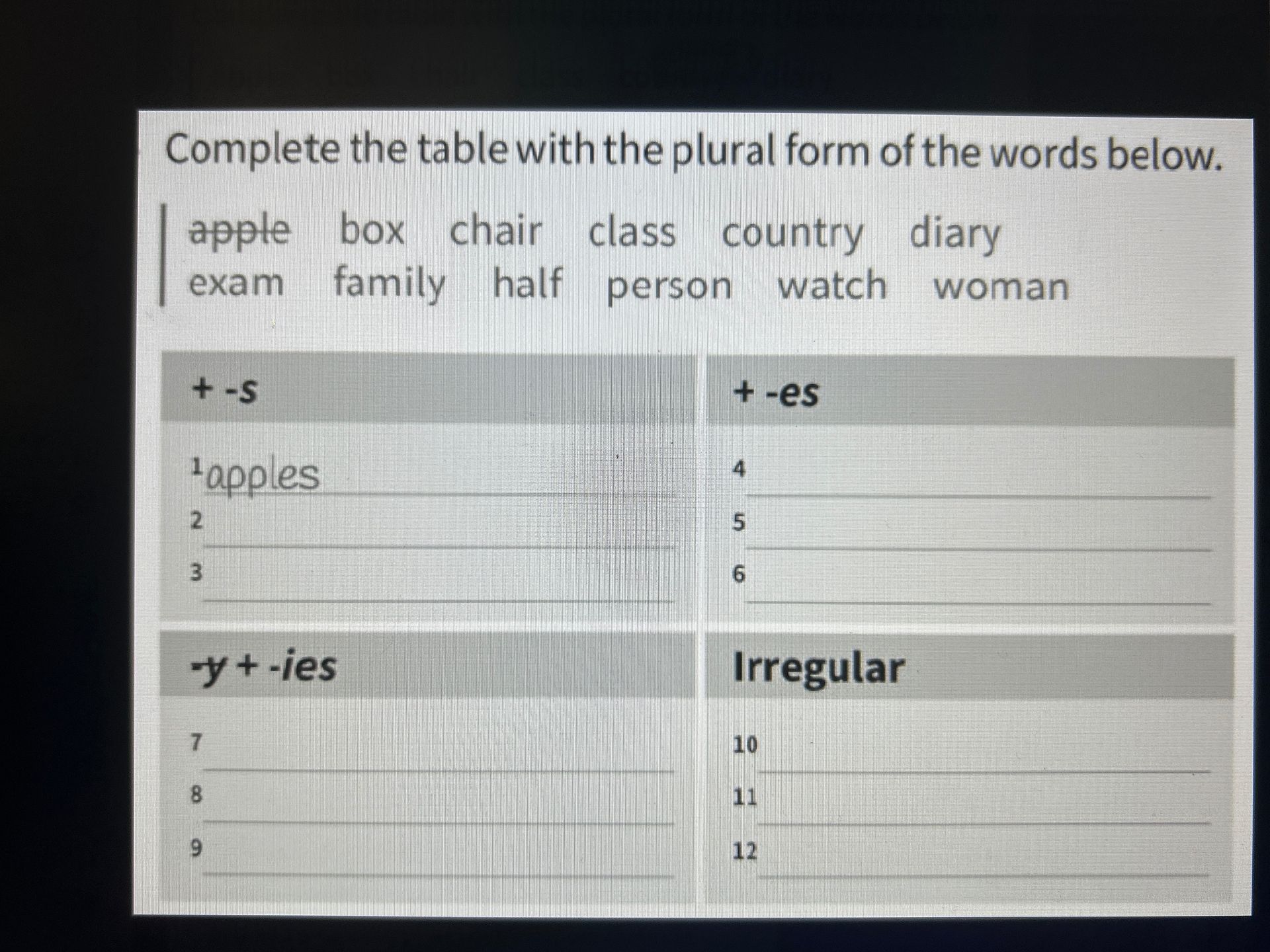 Фото задания: Complete the table with the plural form of the words below.
