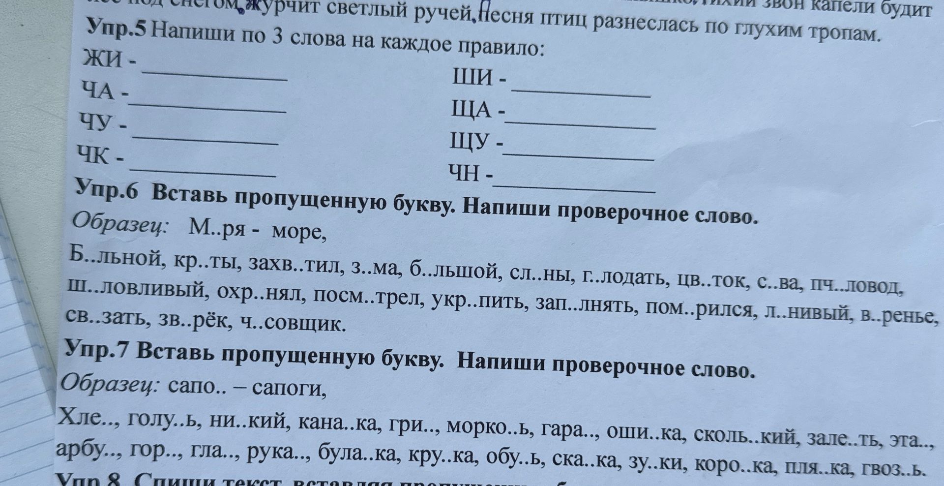 Фото задания: Упр.6 Вставь пропущенную букву. Напиши проверочное слово.