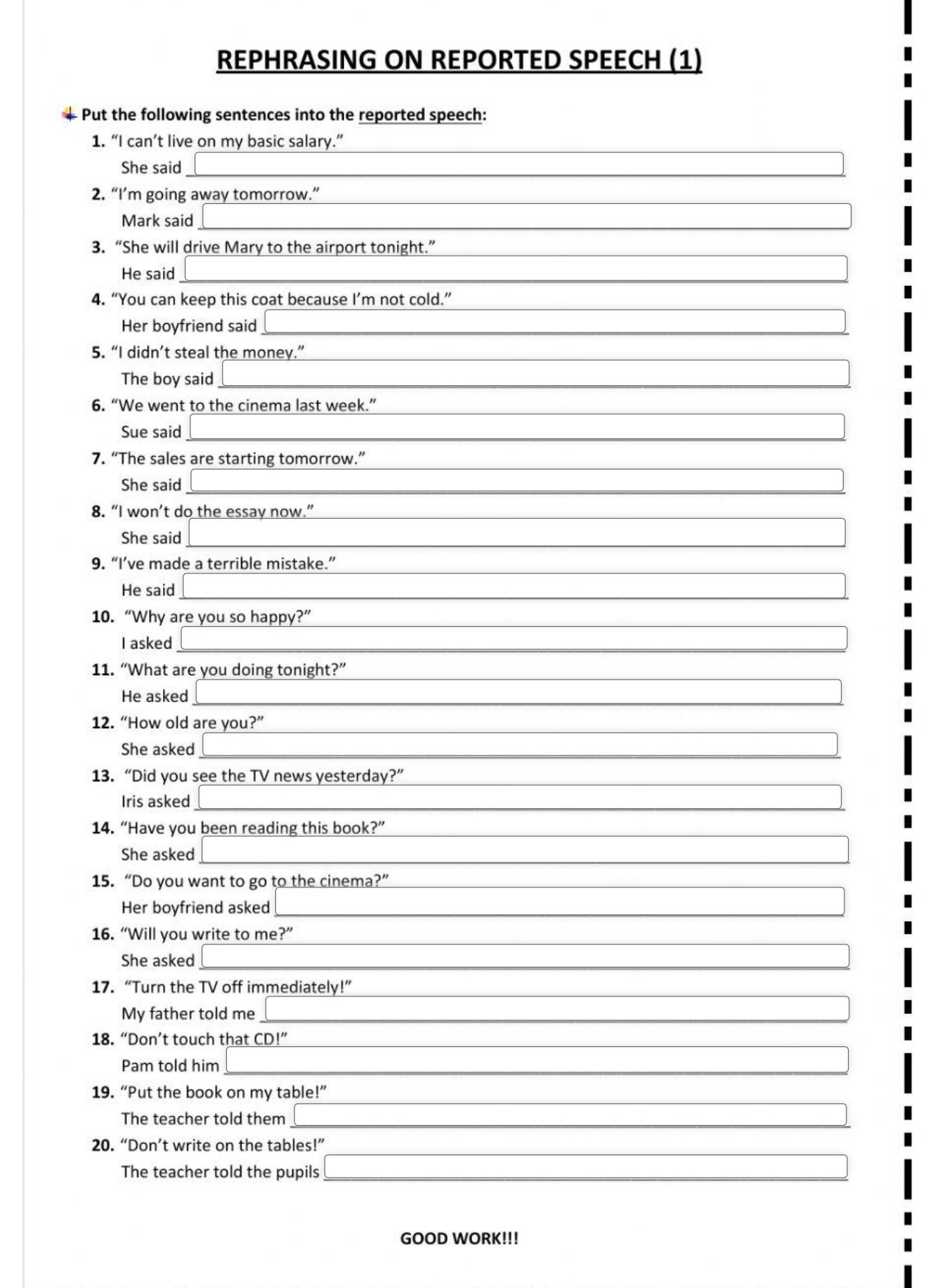 Фото задания: Put the following sentences into the reported speech: