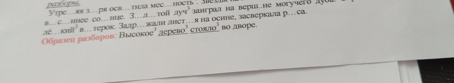 Фото задания: Вставьте пропущенные буквы, где это необходимо, и объясните свой выбор. Образец разборов: Высокое дерево³ стояло³ во дворе.