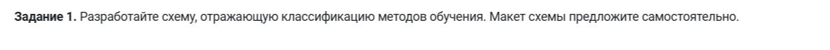 Фото задания: Задание 1. Разработайте схему, отражающую классификацию методов обучения. Макет схемы предложите самостоятельно.