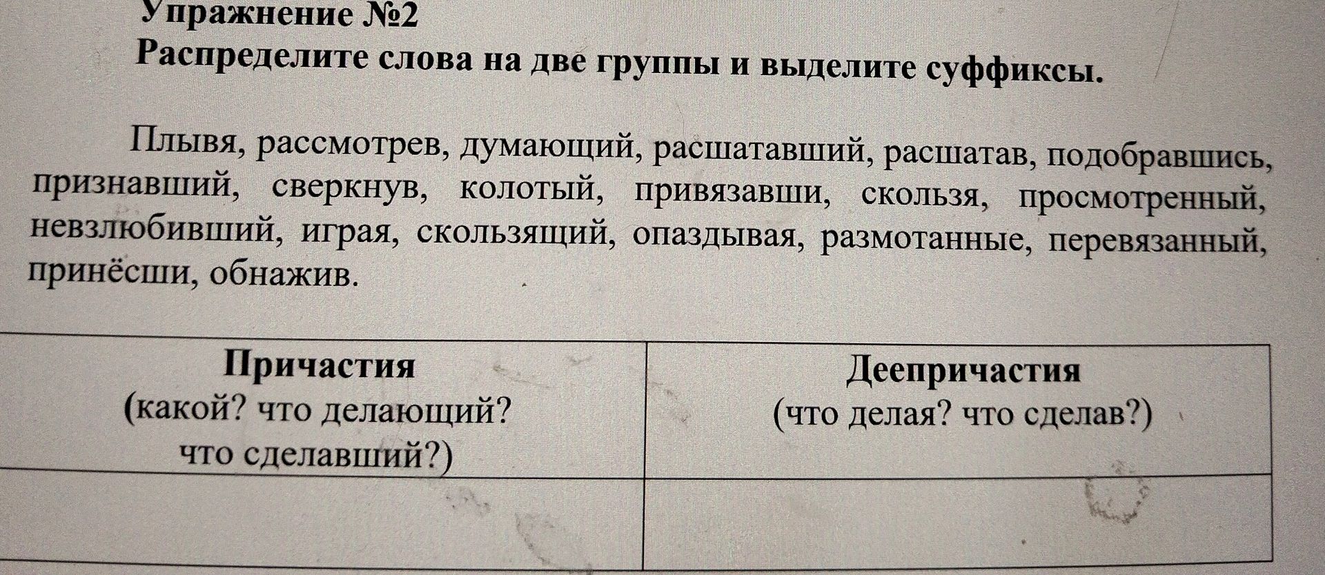 Фото задания: Распределите слова на две группы и выделите суффиксы.