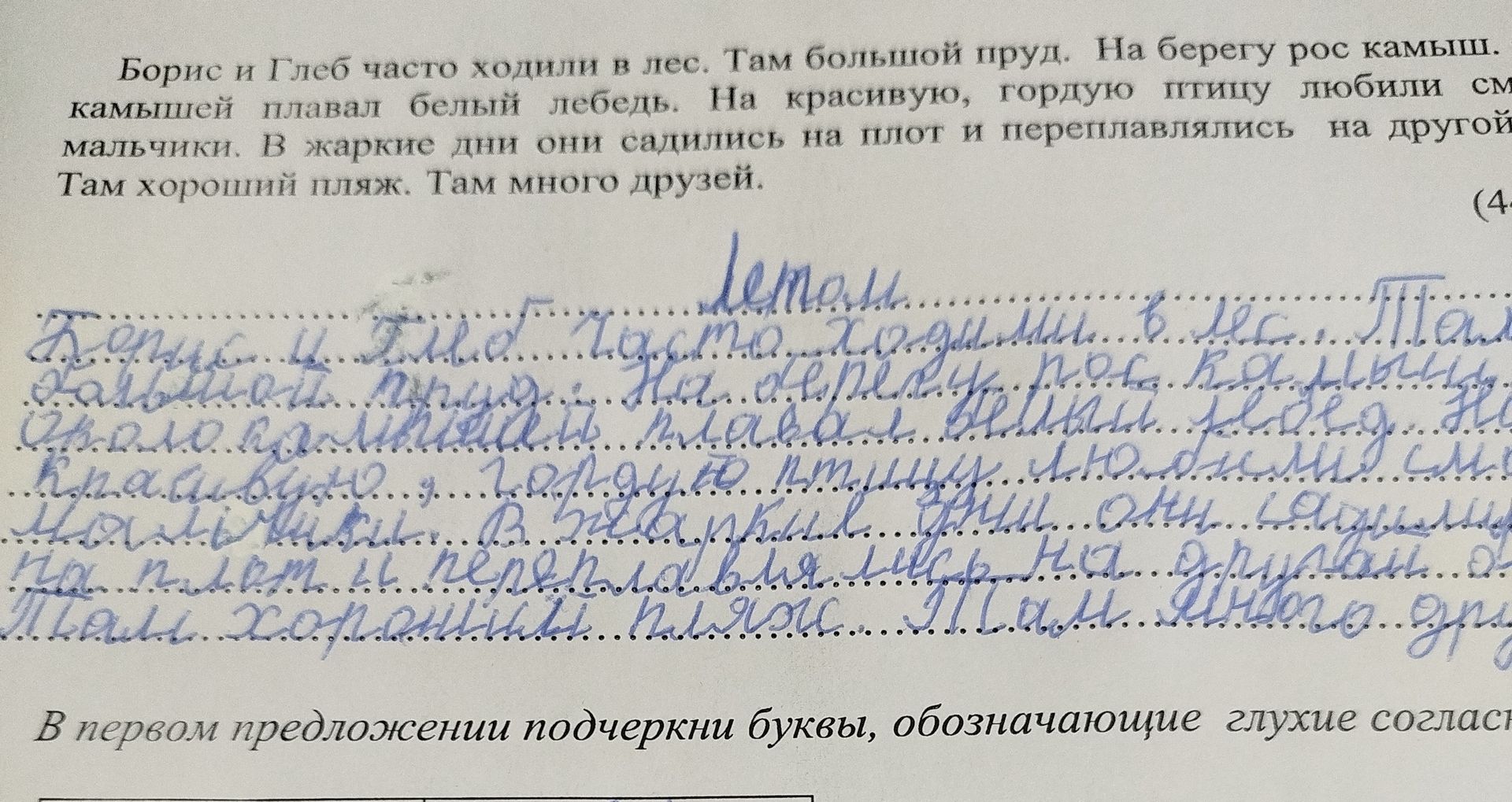 Фото задания: В первом предложении подчеркни буквы, обозначающие глухие согласные.