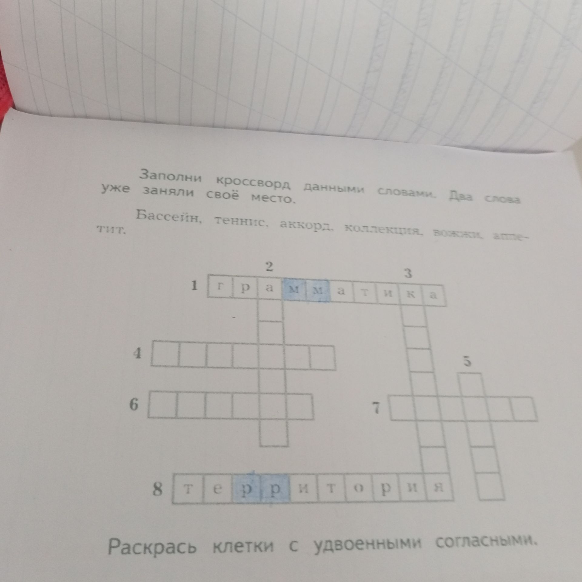 Фото задания: Раскрась клетки с удвоенными согласными.