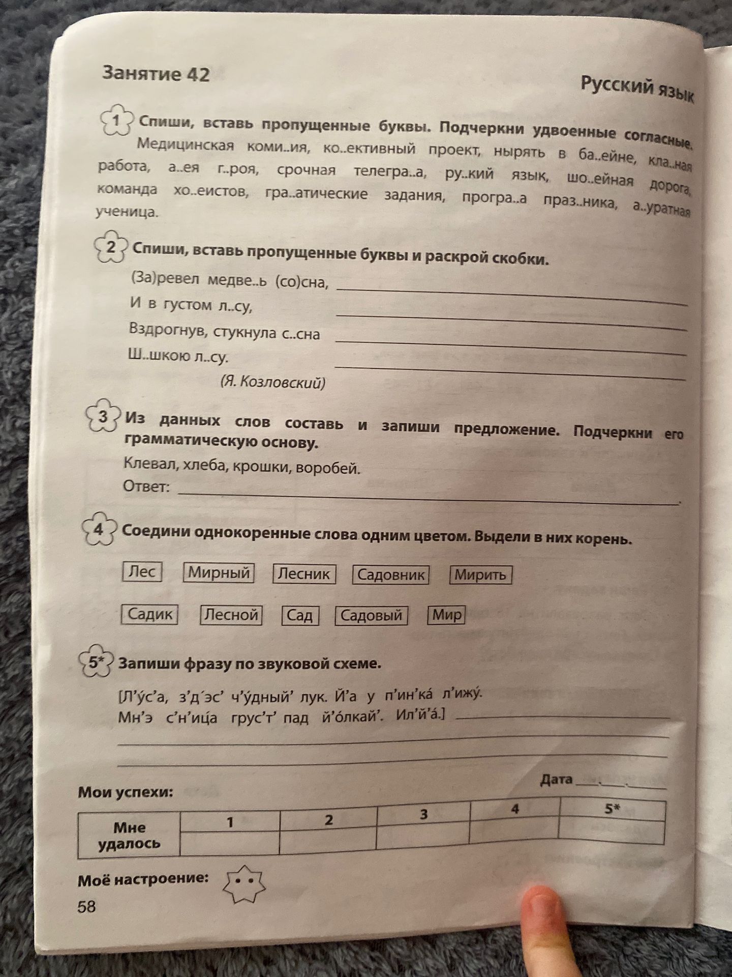Фото задания: Мои успехи: Мне удалось 1 2 3 4 5* Моё настроение: 58
