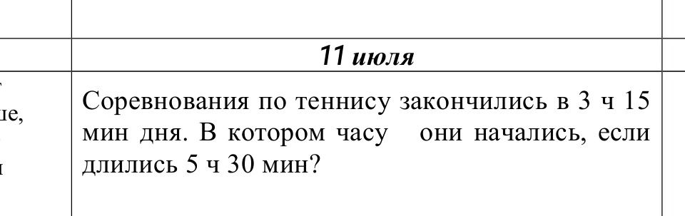 Фото задания: Соревнования по теннису закончились в 3 ч 15 мин дня. В котором часу они начались, если длились 5 ч 30 мин?