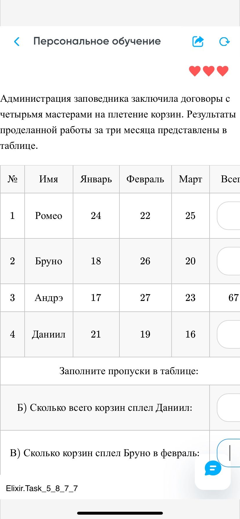 Фото задания: Б) Сколько всего корзин сплел Даниил: