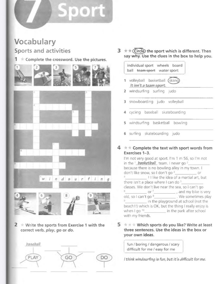 Фото задания: 2. Write the sports from Exercise 1 with the correct verb, play, go or do.