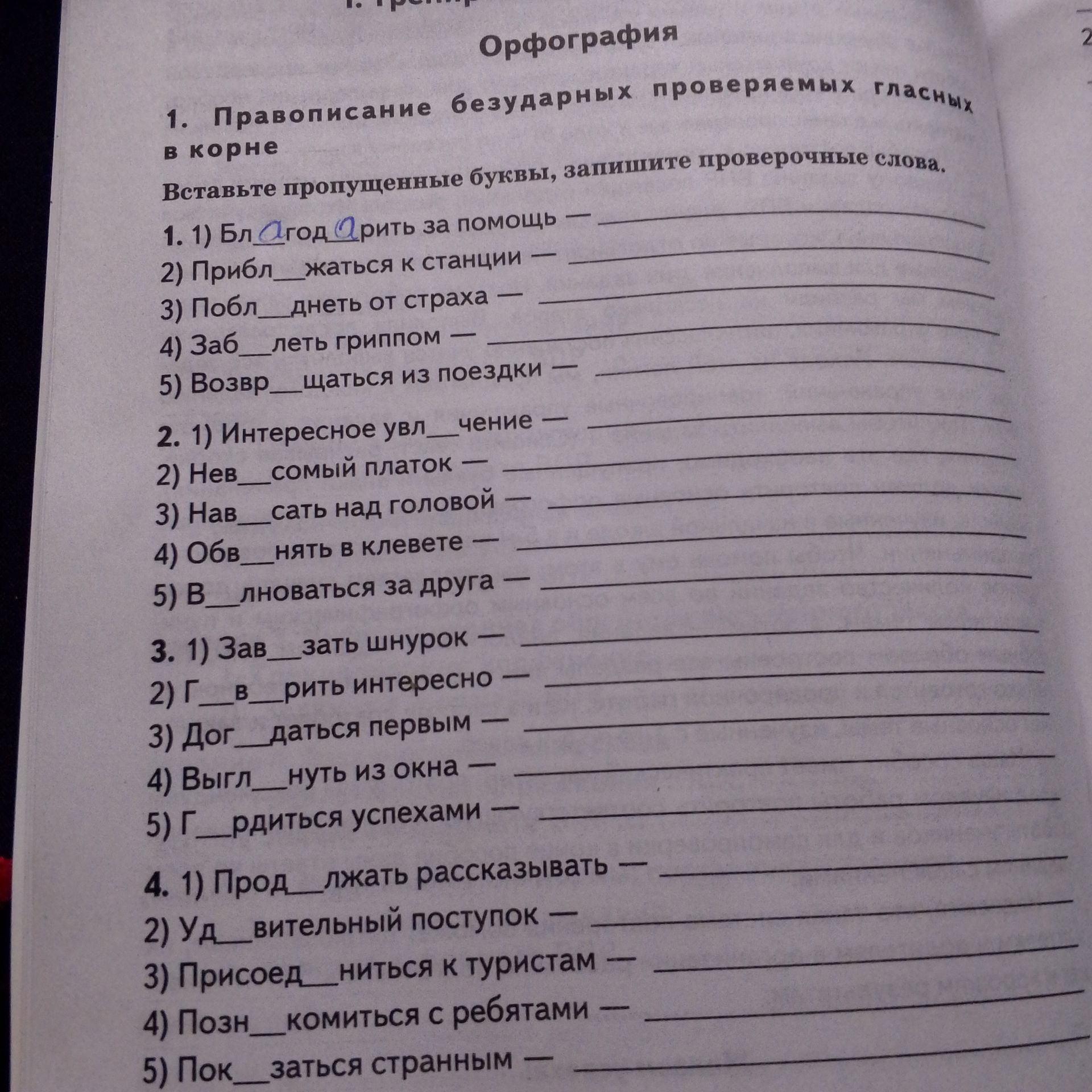 Фото задания: 1. Правописание безударных проверяемых гласных в корне Вставьте пропущенные буквы, запишите проверочные слова. 1. 1)…