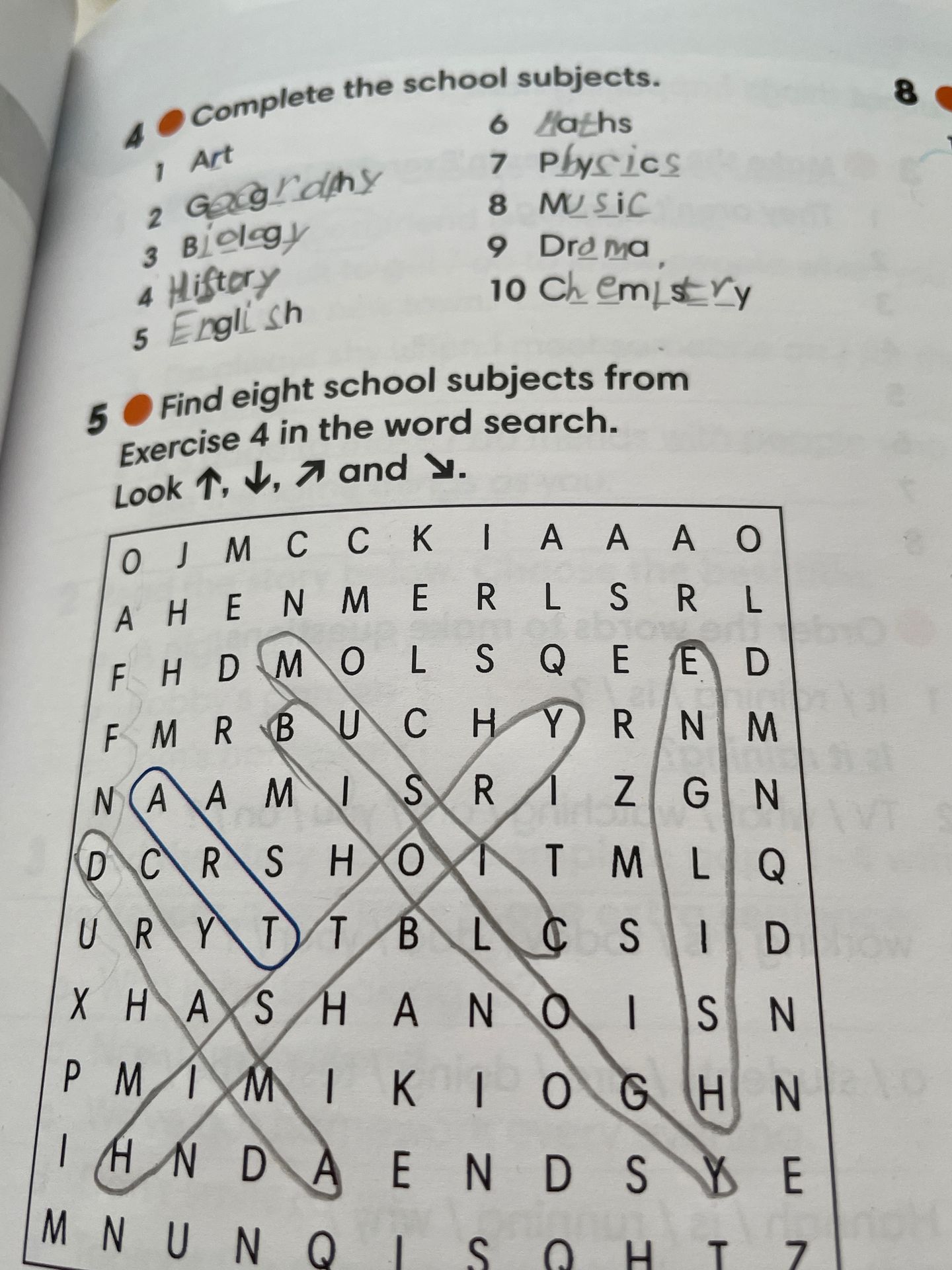 Фото задания: 5 Find eight school subjects from Exercise 4 in the word search. Look ↑, ↓, ↗ and ↘.