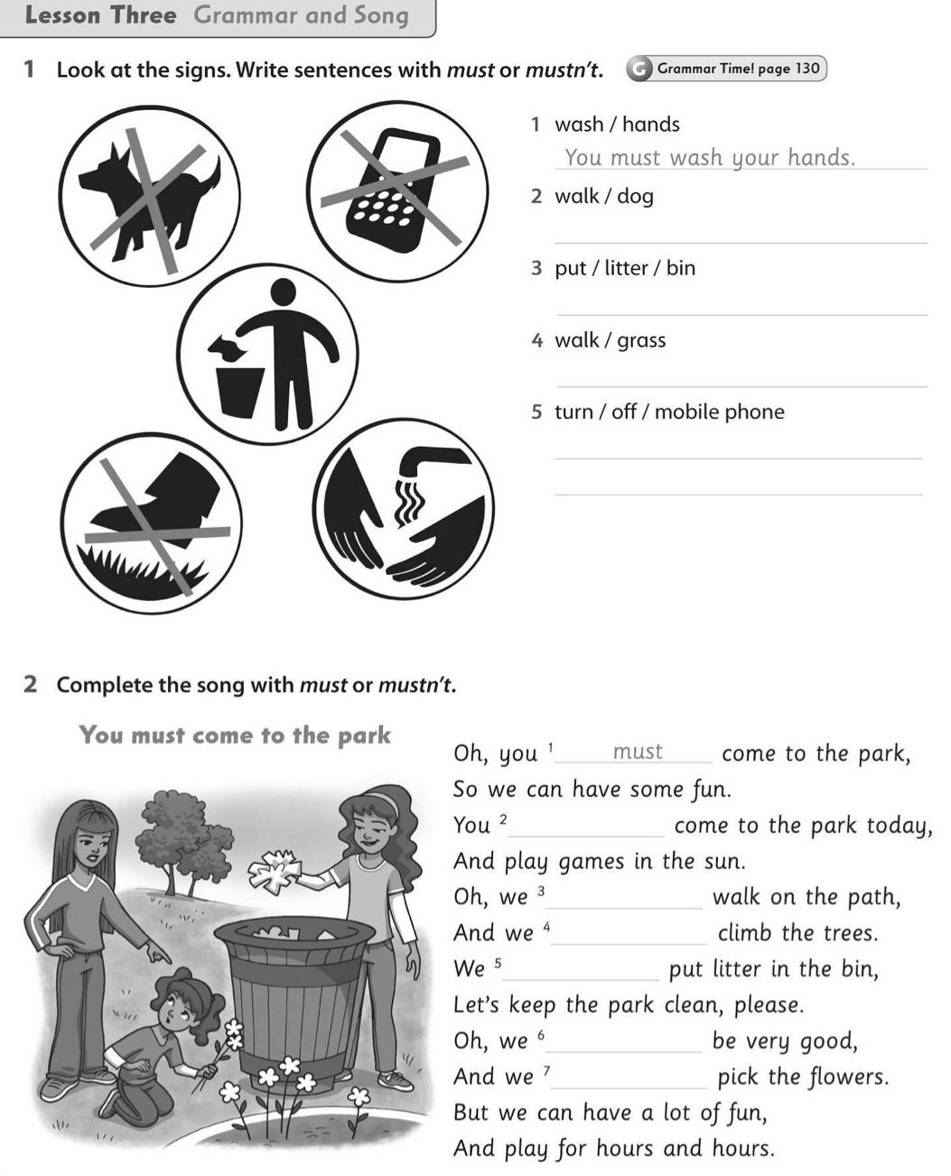Фото задания: Look at the signs. Write sentences with must or mustn't.