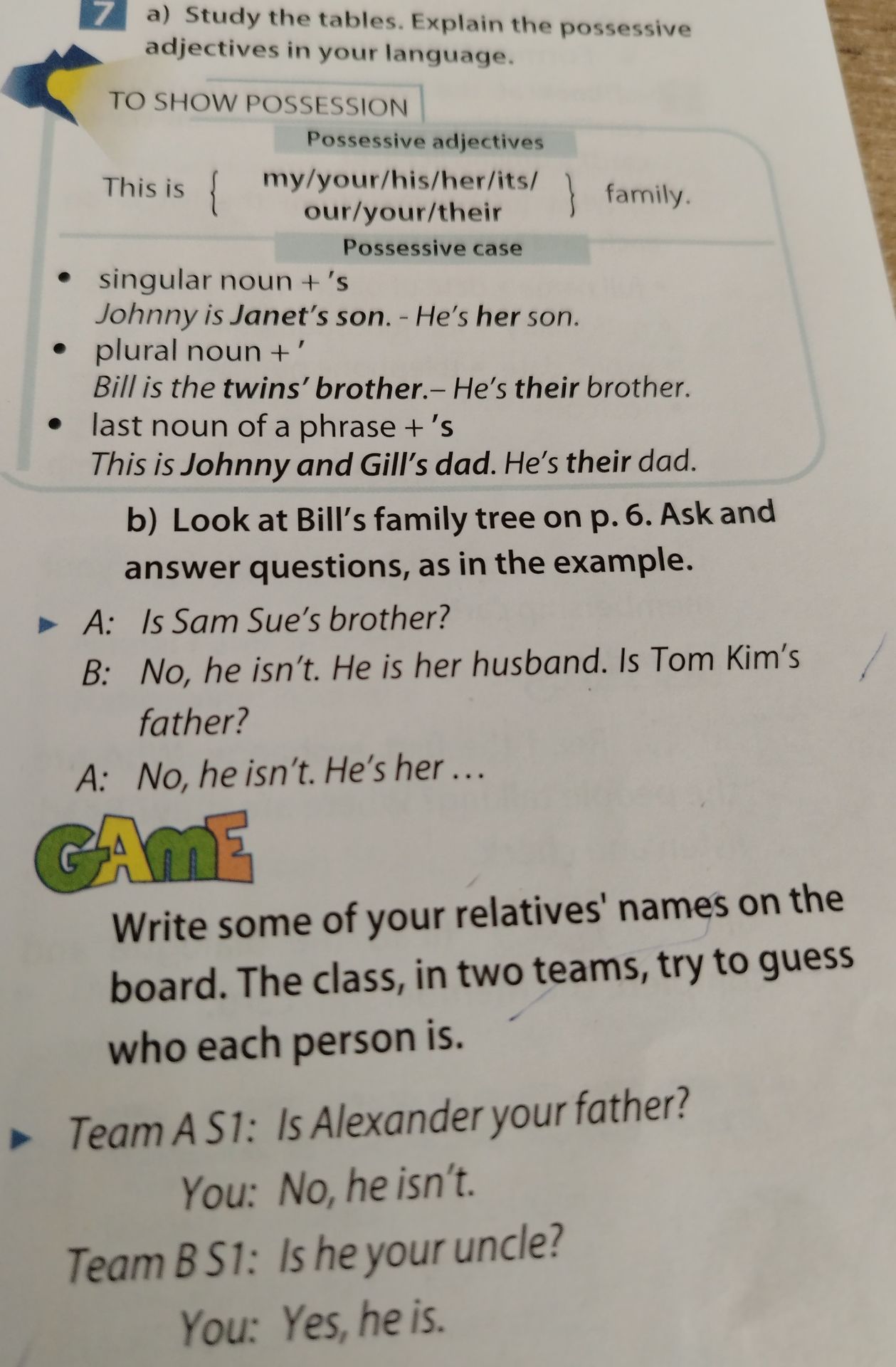 Фото задания: b) Look at Bill's family tree on p. 6. Ask and answer questions, as in the example.