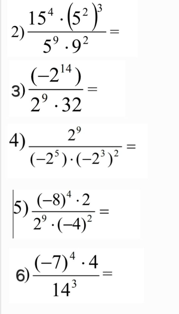 Фото задания: 2) \(\frac{15^4 \cdot (5^2)^3}{5^9 \cdot 9^2}\)