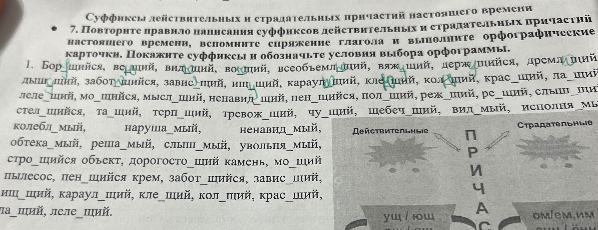 Фото задания: Суффиксы действительных и страдательных причастий настоящего времени. Повторите правило написания суффиксов действительных…