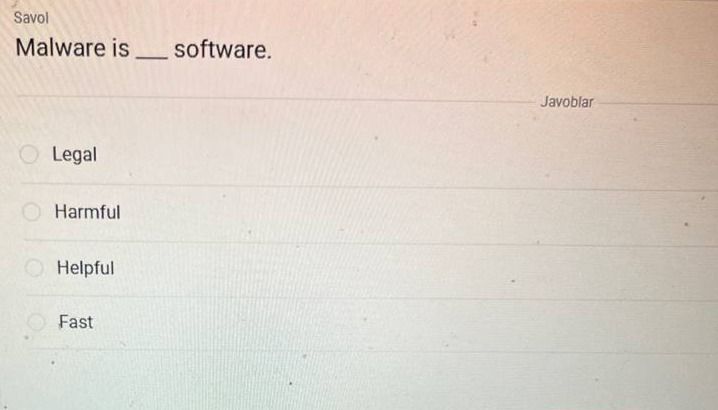 Фото задания: Malware is ____ software.