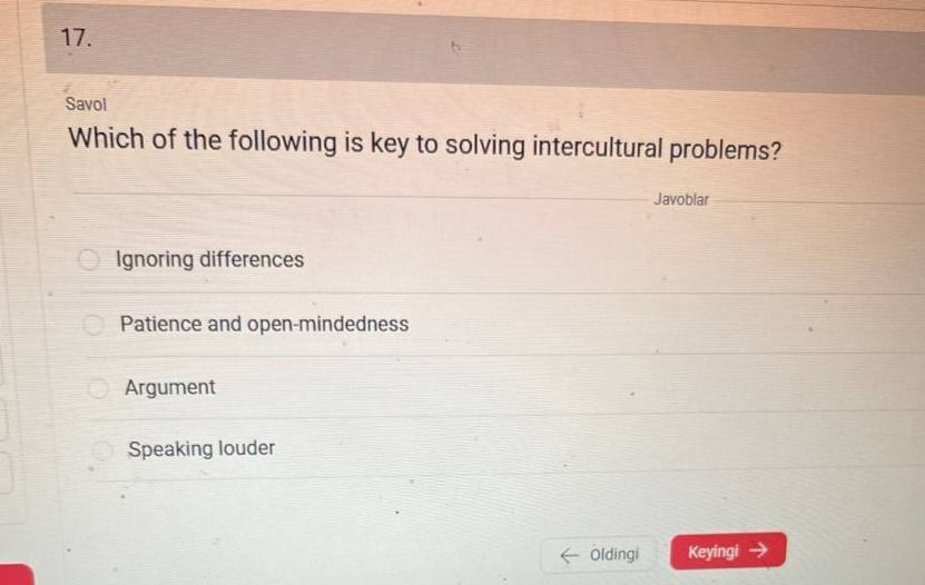 Фото задания: Which of the following is key to solving intercultural problems?