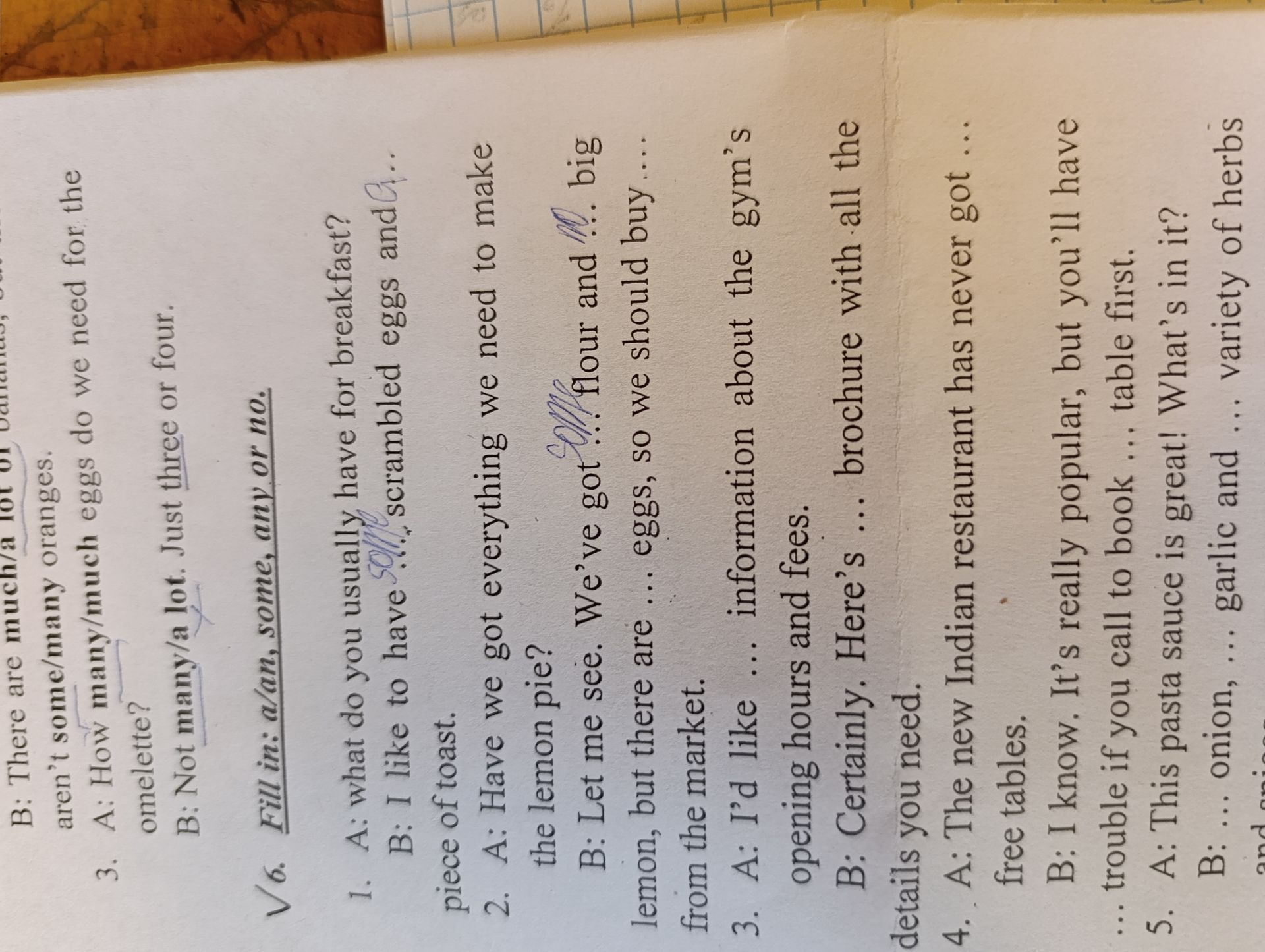 Фото задания: 6. Fill in: a/an, some, any or no.