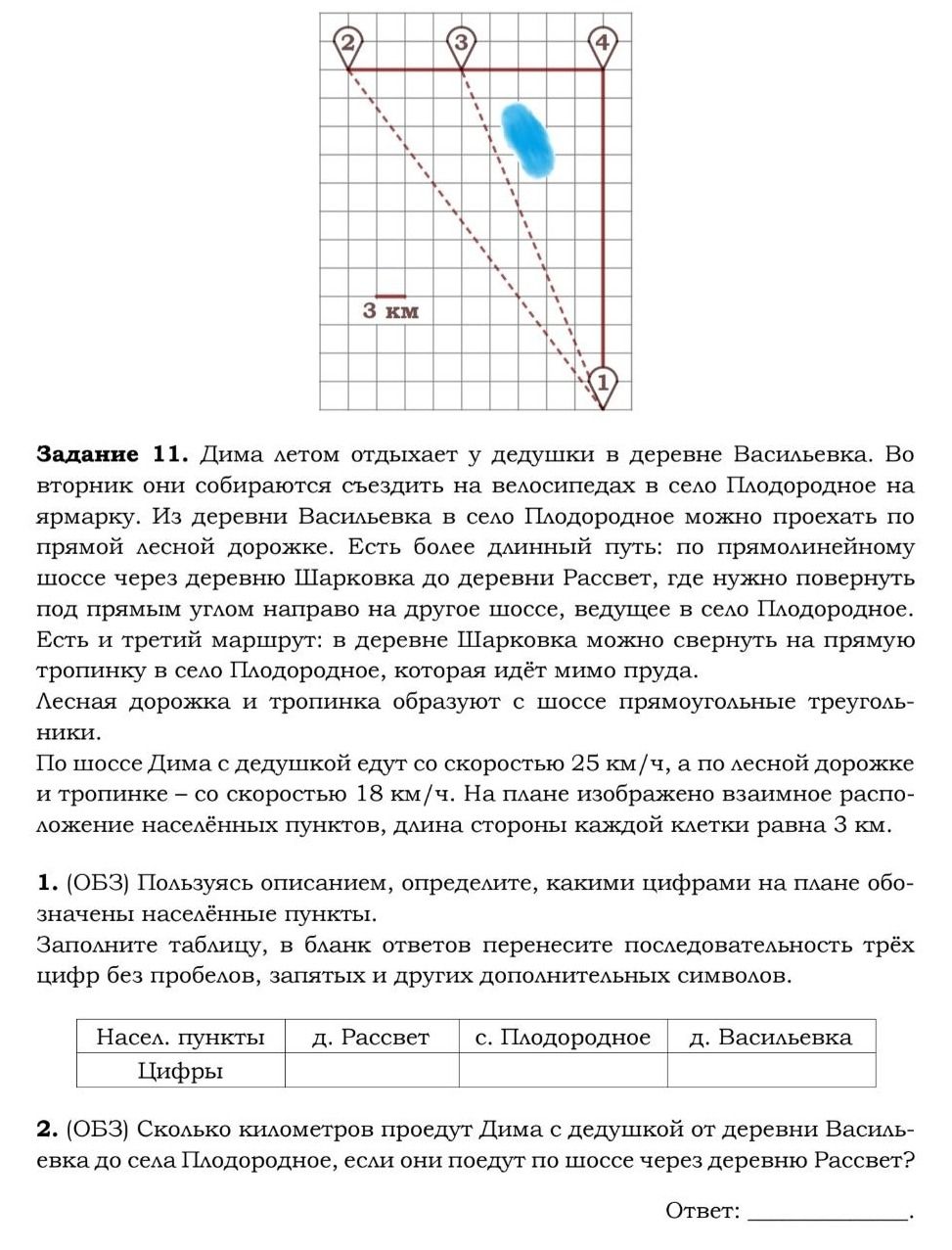 Фото задания: 1. (ОБЗ) Пользуясь описанием, определите, какими цифрами на плане обозначены населённые пункты. Заполните таблицу, в бланк…