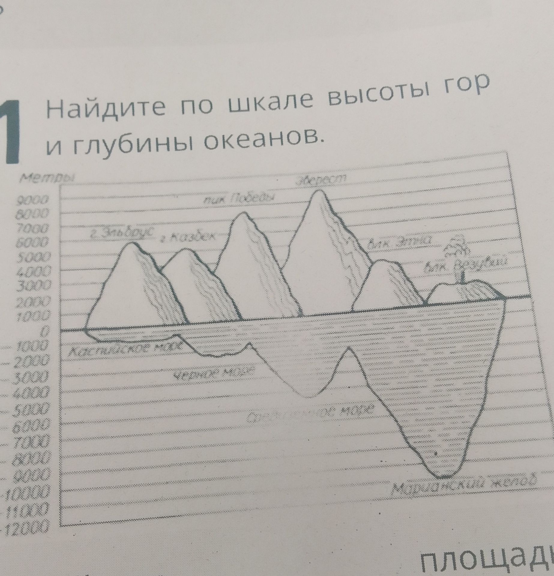 Фото задания: Найдите по шкале высоты гор и глубины океанов.