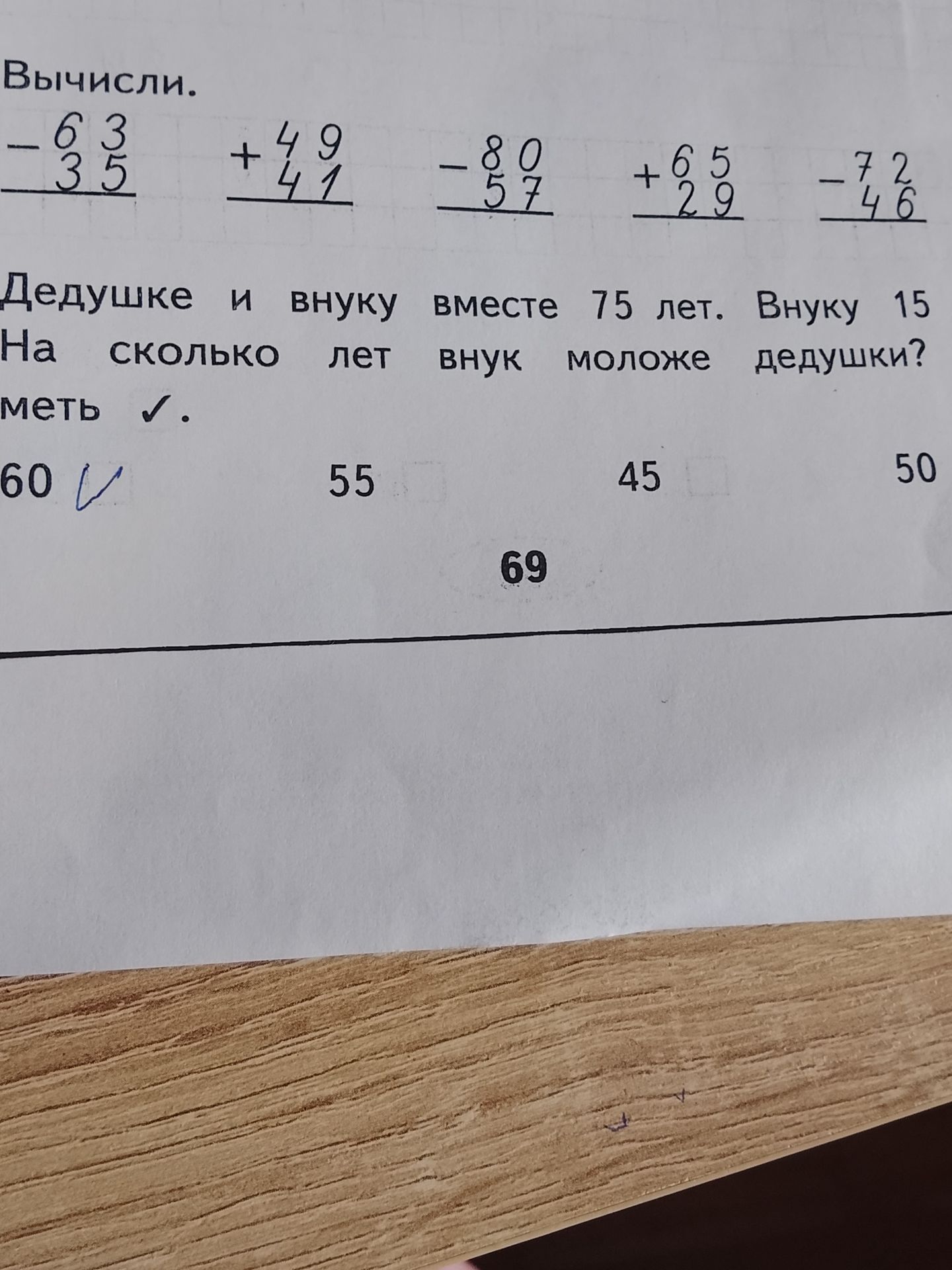 Фото задания: Дедушке и внуку вместе 75 лет. Внуку 15 лет. На сколько лет внук моложе дедушки?
