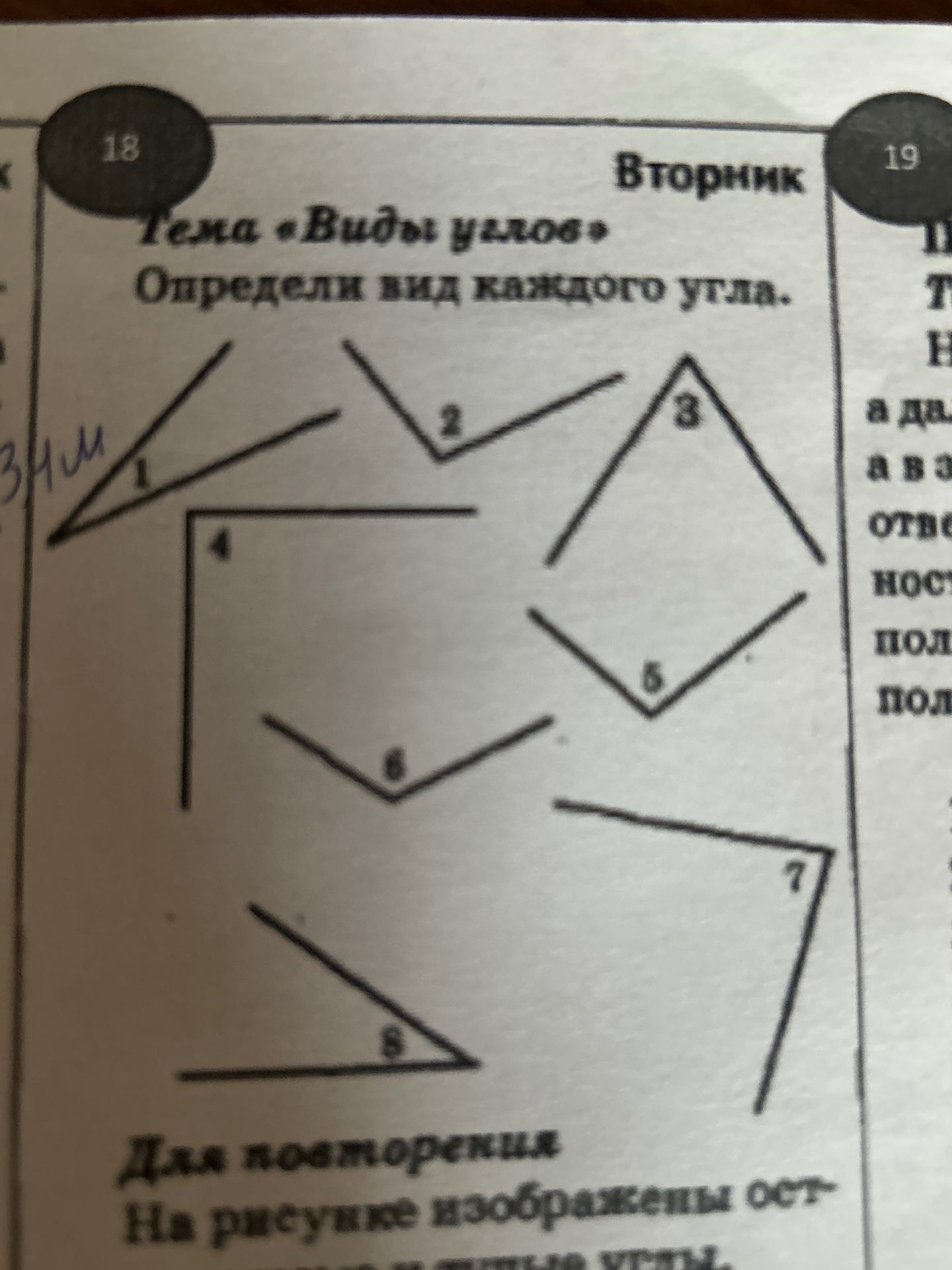 Фото задания: Тема «Виды углов» Определи вид каждого угла.