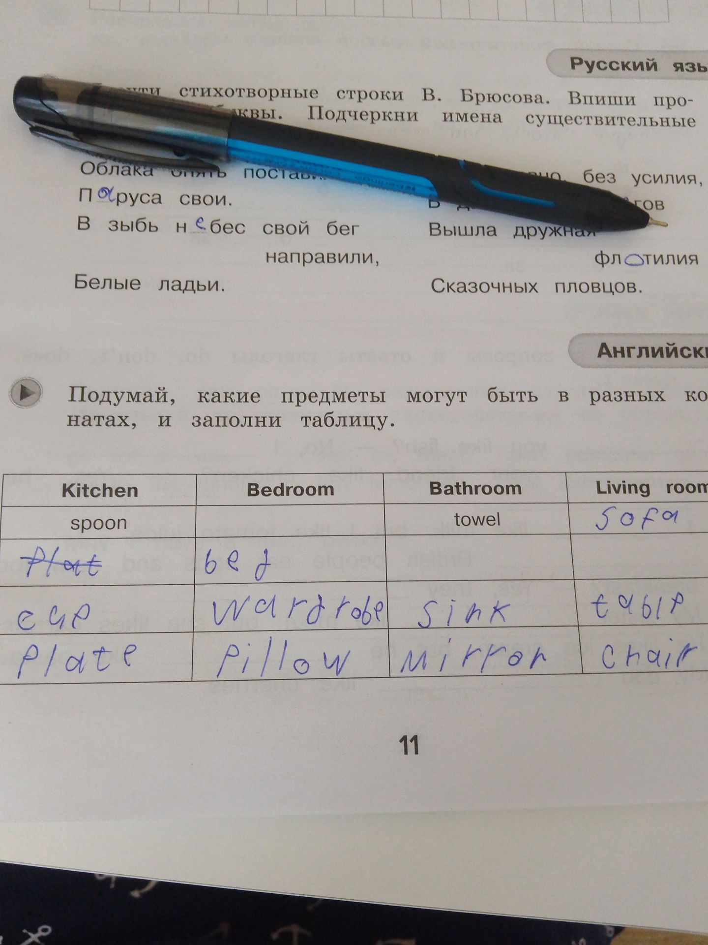 Фото задания: Подумай, какие предметы могут быть в разных комнатах, и заполни таблицу.