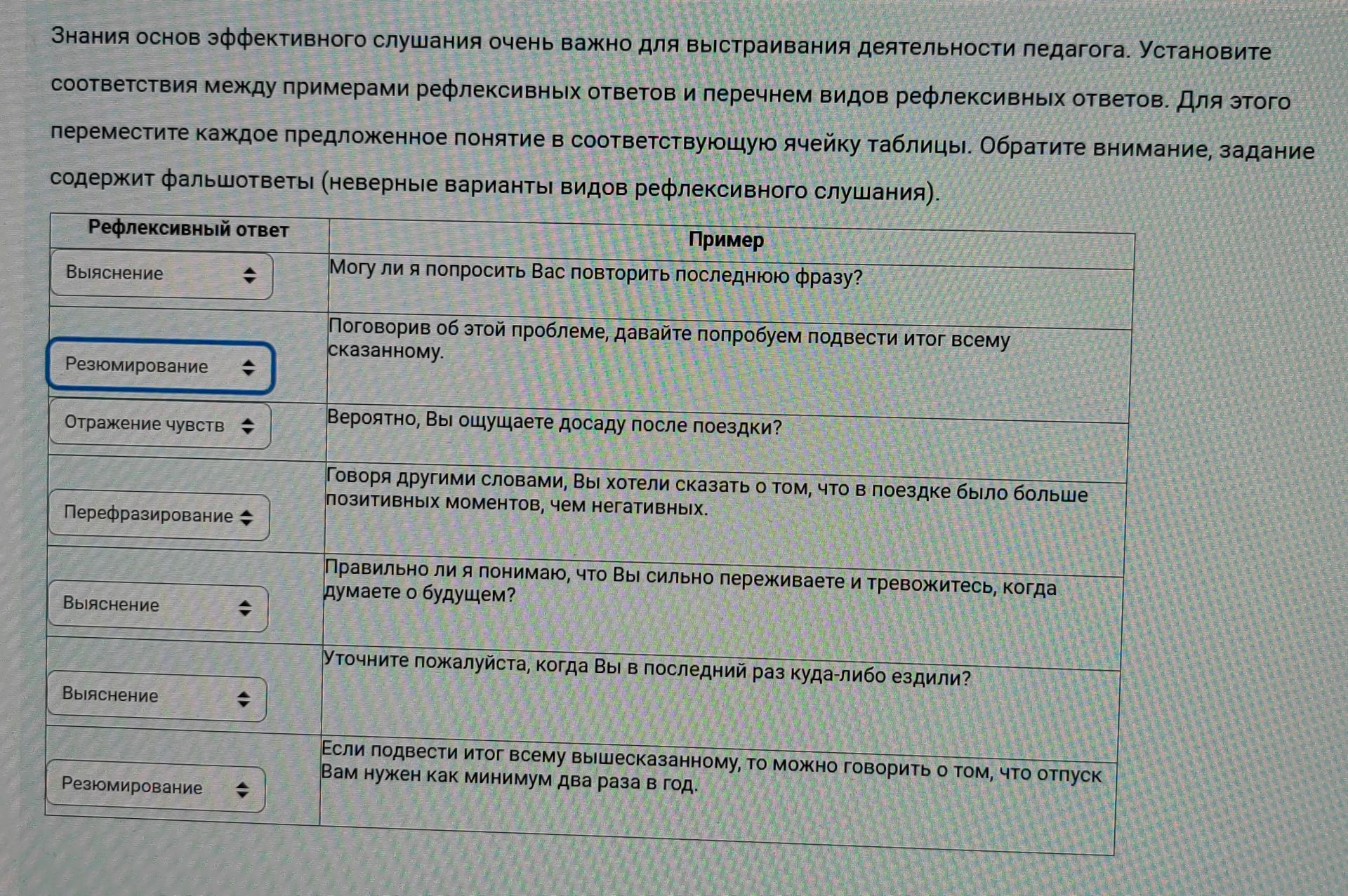 Фото задания: Установите соответствия между примерами рефлексивных ответов и перечнем видов рефлексивных ответов. Обратите внимание,…