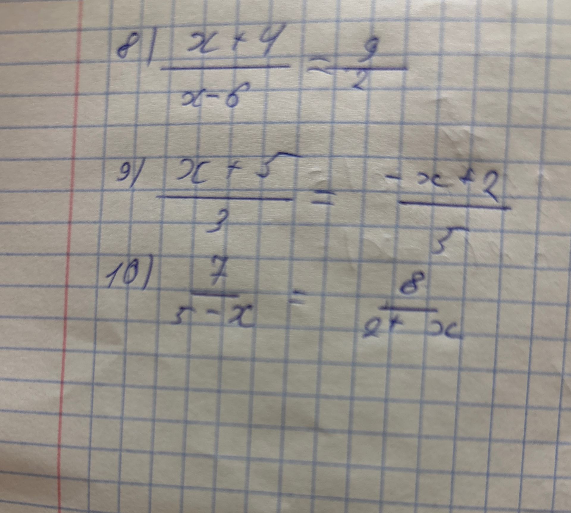 Фото задания: 10) \(\frac{7}{3-x} = \frac{8}{2+x}\)