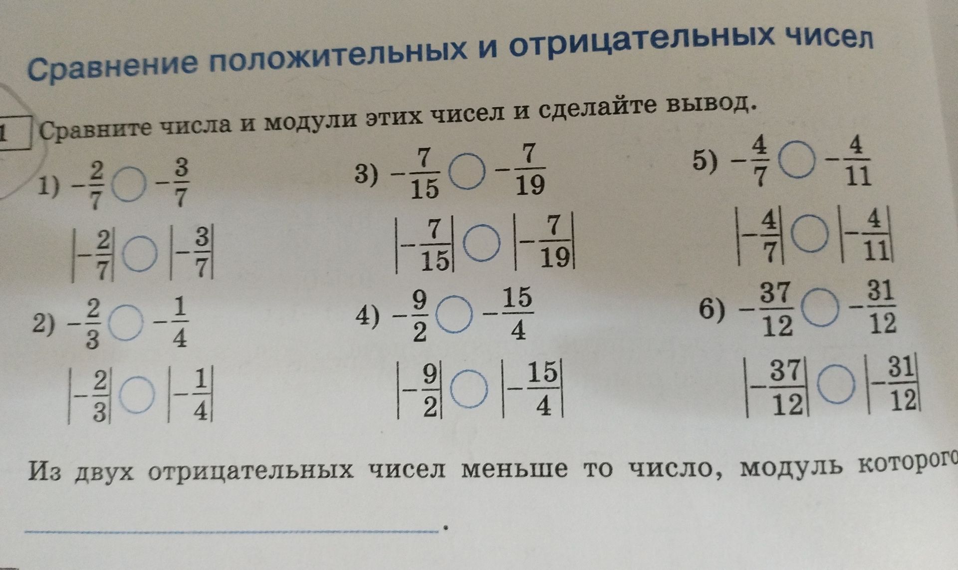 Фото задания: Сравните числа и модули этих чисел и сделайте вывод.