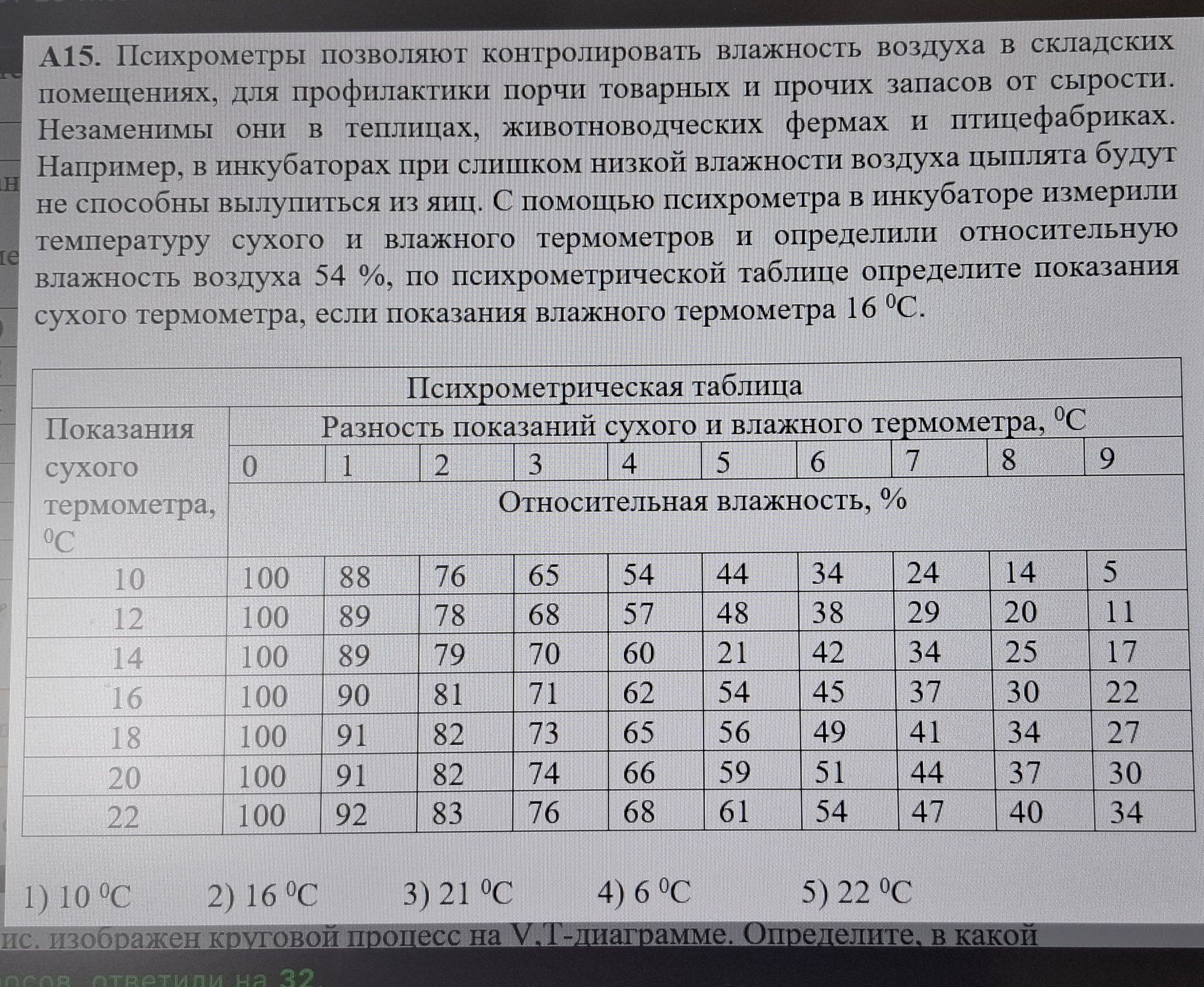Фото задания: По психрометрической таблице определите показания сухого термометра, если показания влажного термометра 16 °C и относительная…