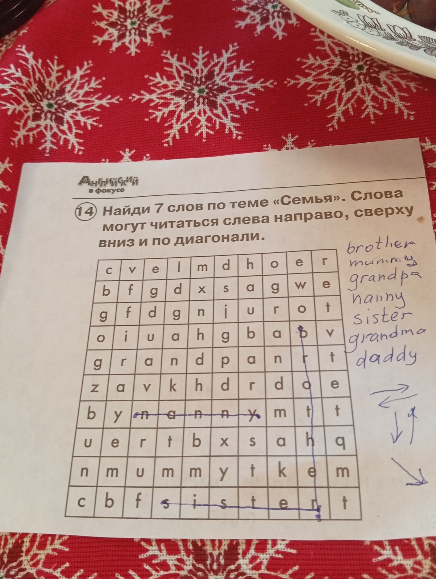 Фото задания: Найди 7 слов по теме «Семья». Слова могут читаться слева направо, сверху вниз и по диагонали.