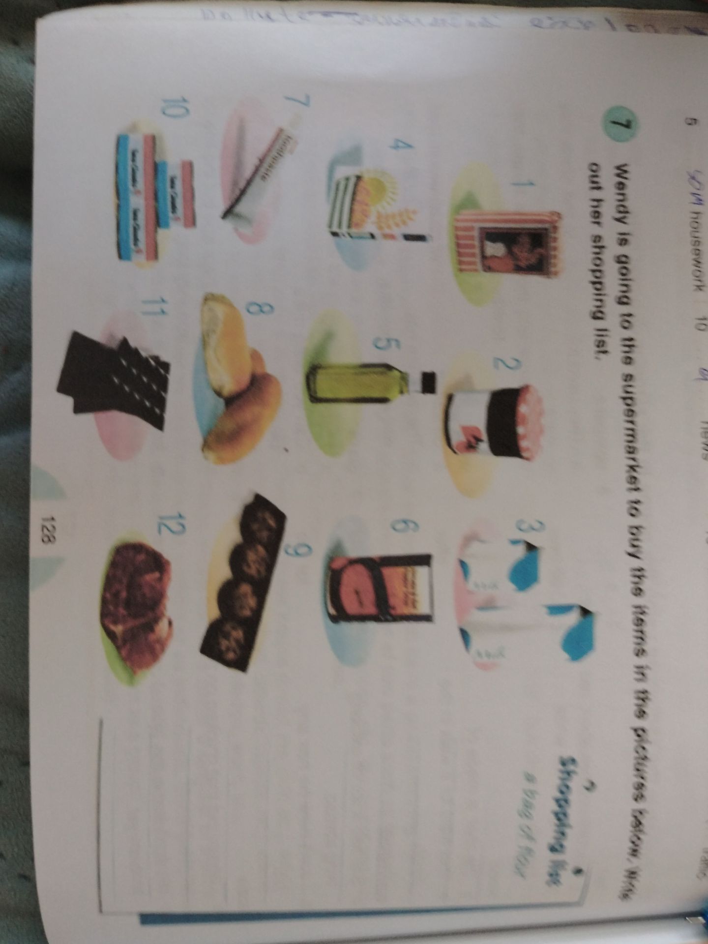 Фото задания: Wendy is going to the supermarket to buy the items in the pictures below. Write out her shopping list.