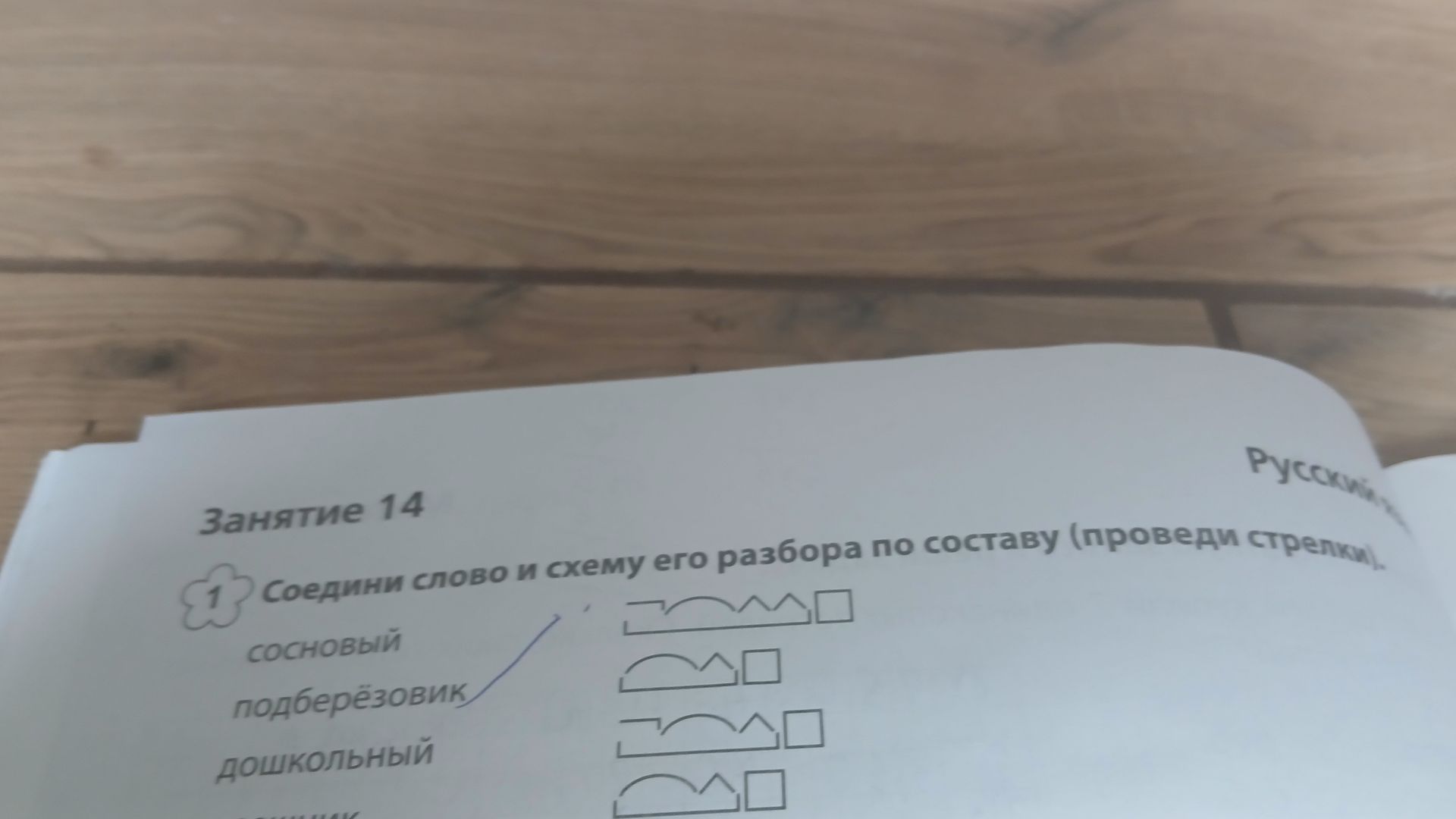 Фото задания: Занятие 14. Русский язык. Соедини слово и схему его разбора по составу (проведи стрелки).