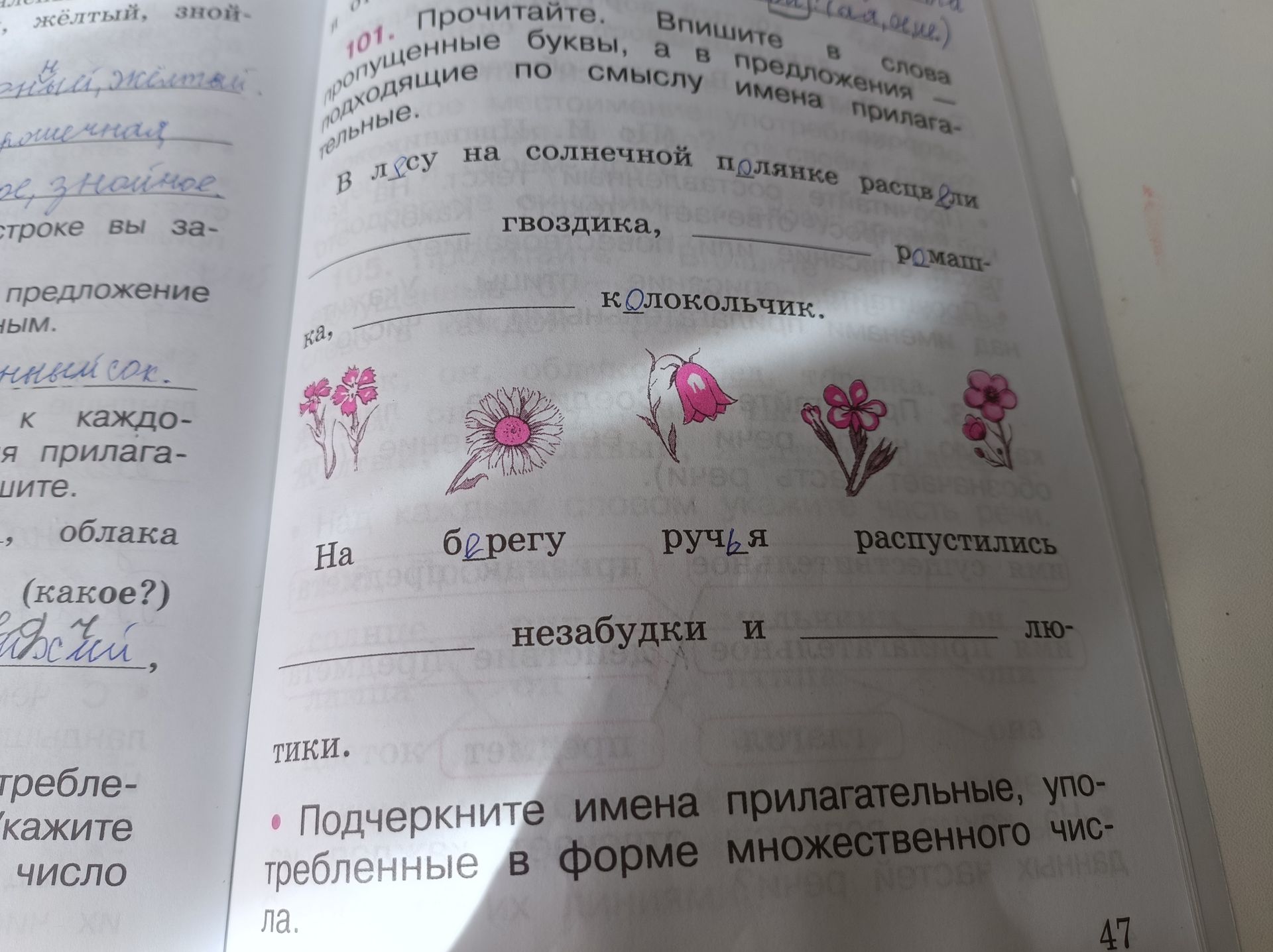 Фото задания: Заполните пропуски в предложениях, вписывая пропущенные буквы, а в предложения имена прилагательные подходящие по смыслу.…