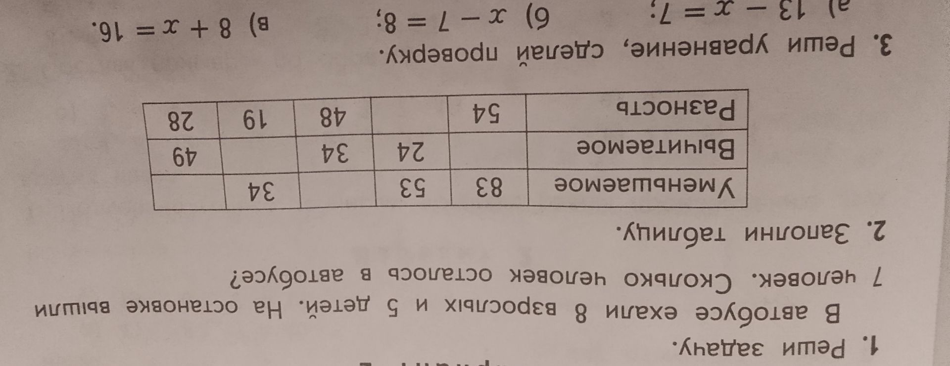 Фото задания: 3. Реши уравнение, сделай проверку. a) 13 - x = 7; 6) x − 7 = 8; в) 8 + x = 16.