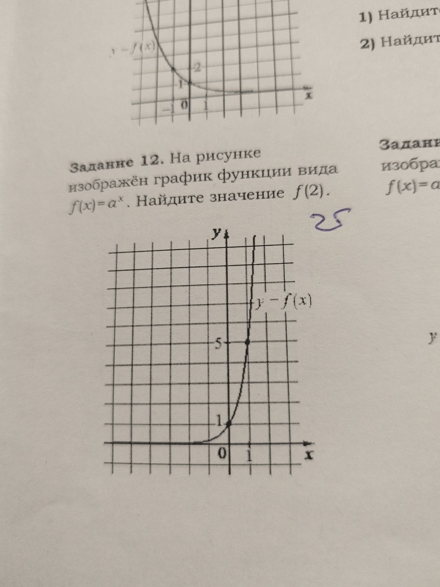 Фото задания: Задание 12. На рисунке изображён график функции вида \(f(x) = a^x\). Найдите значение \(f(2)\).
