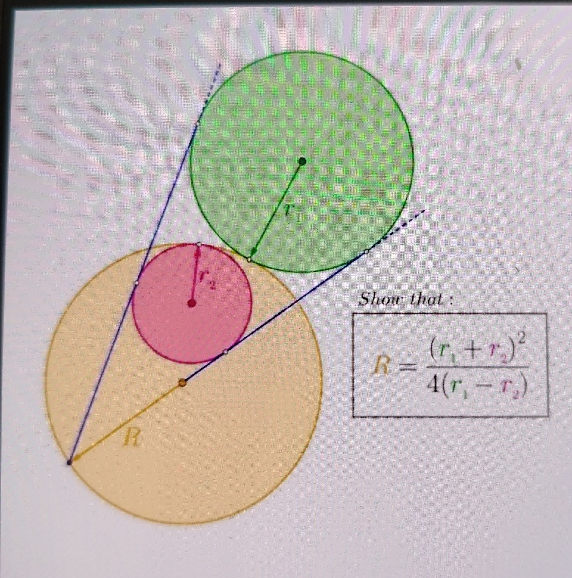 Фото задания: Show that: $R = \frac{(r_1 + r_2)^2}{4(r_1 - r_2)}$