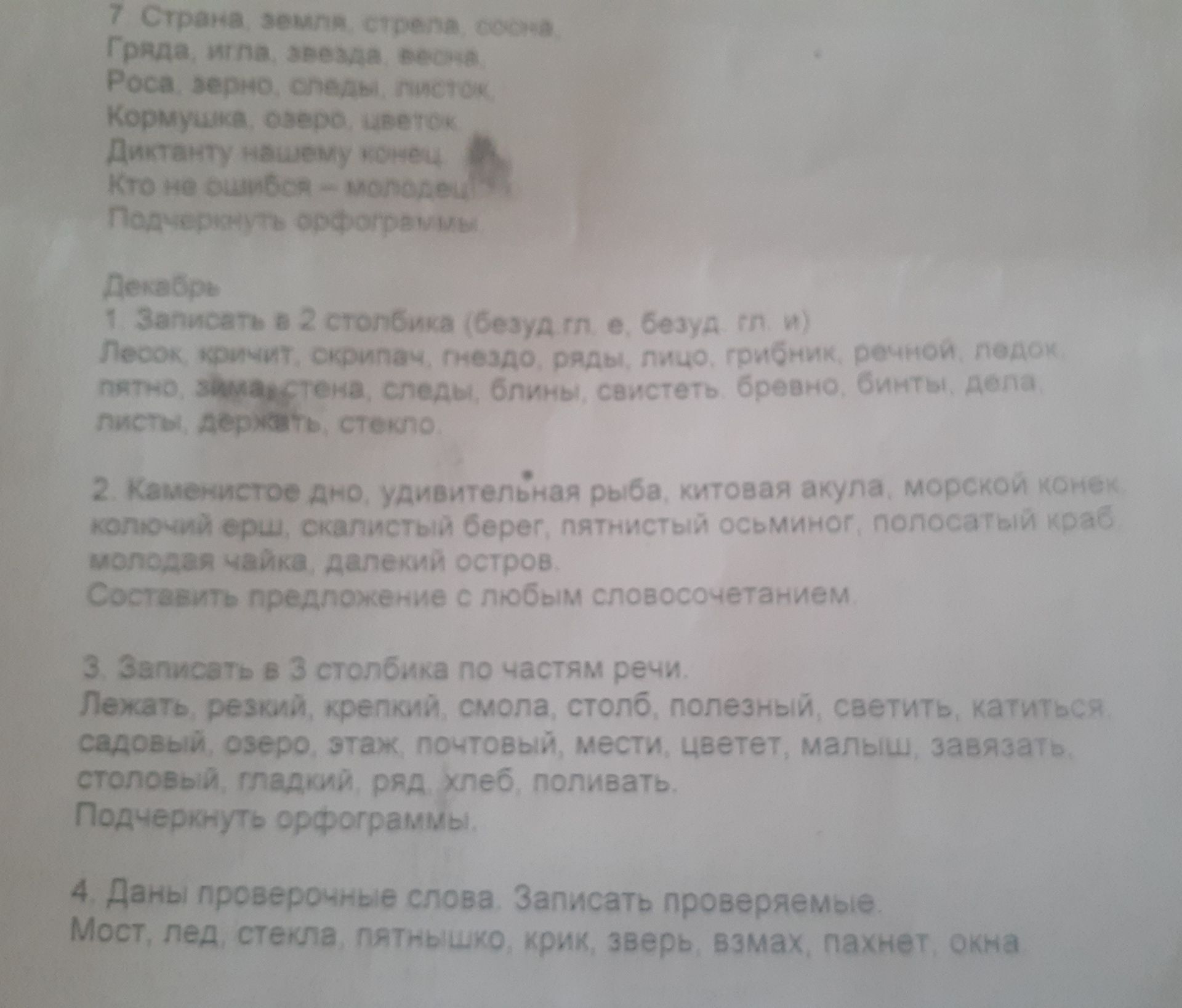Фото задания: Декабрь 1. Записать в 2 столбика (безуд.гл. е, безуд. гл. и) Лесок, кричит, скрипач, гнездо, ряды, лицо, грибник, речной,…
