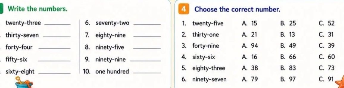 Фото задания: Choose the correct number. 1. twenty-five 2. thirty-one 3. forty-nine 4. sixty-six 5. eighty-three 6. ninety-seven