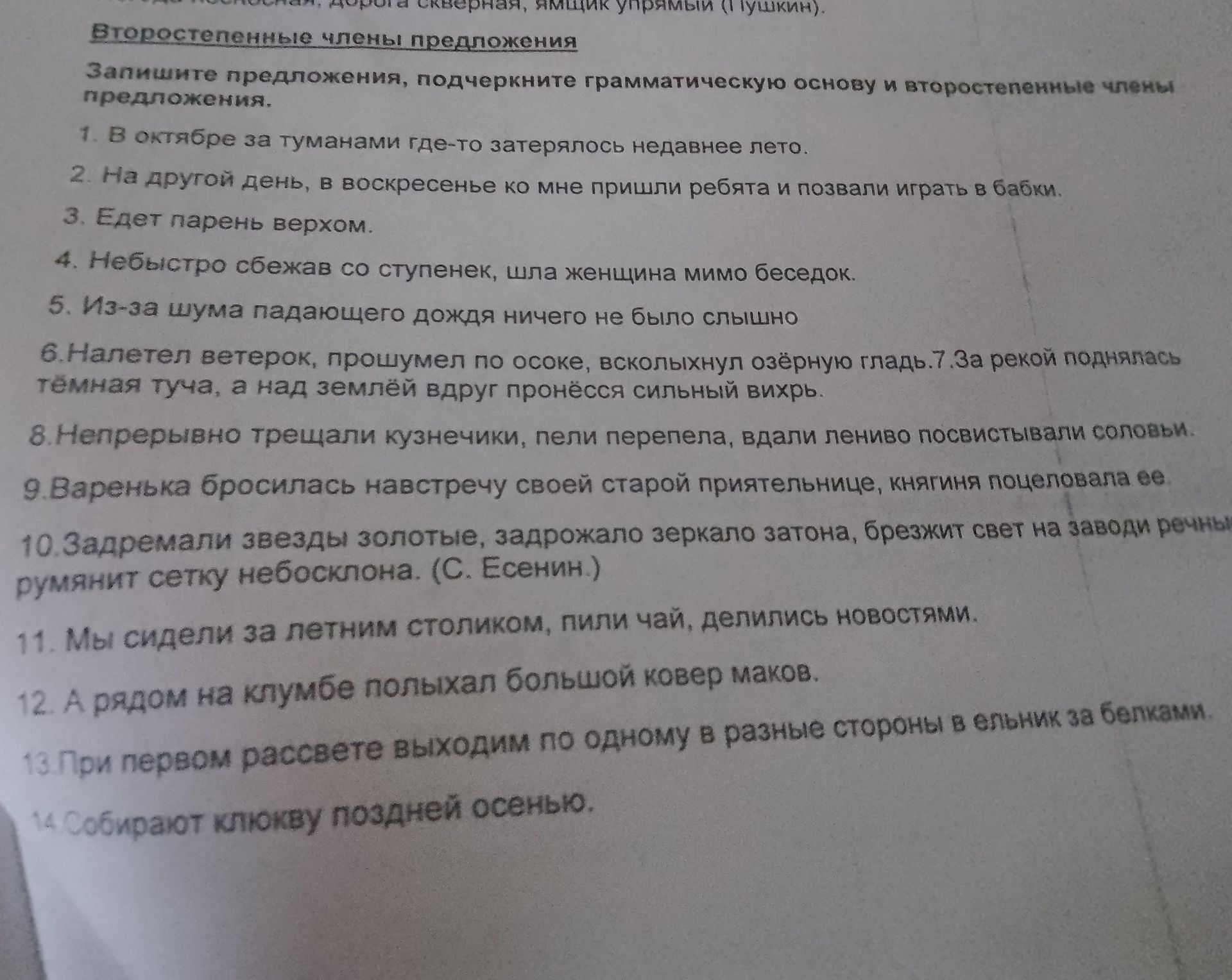 Фото задания: Второстепенные члены предложения Запишите предложения, подчеркните грамматическую основу и второстепенные члены предложения.