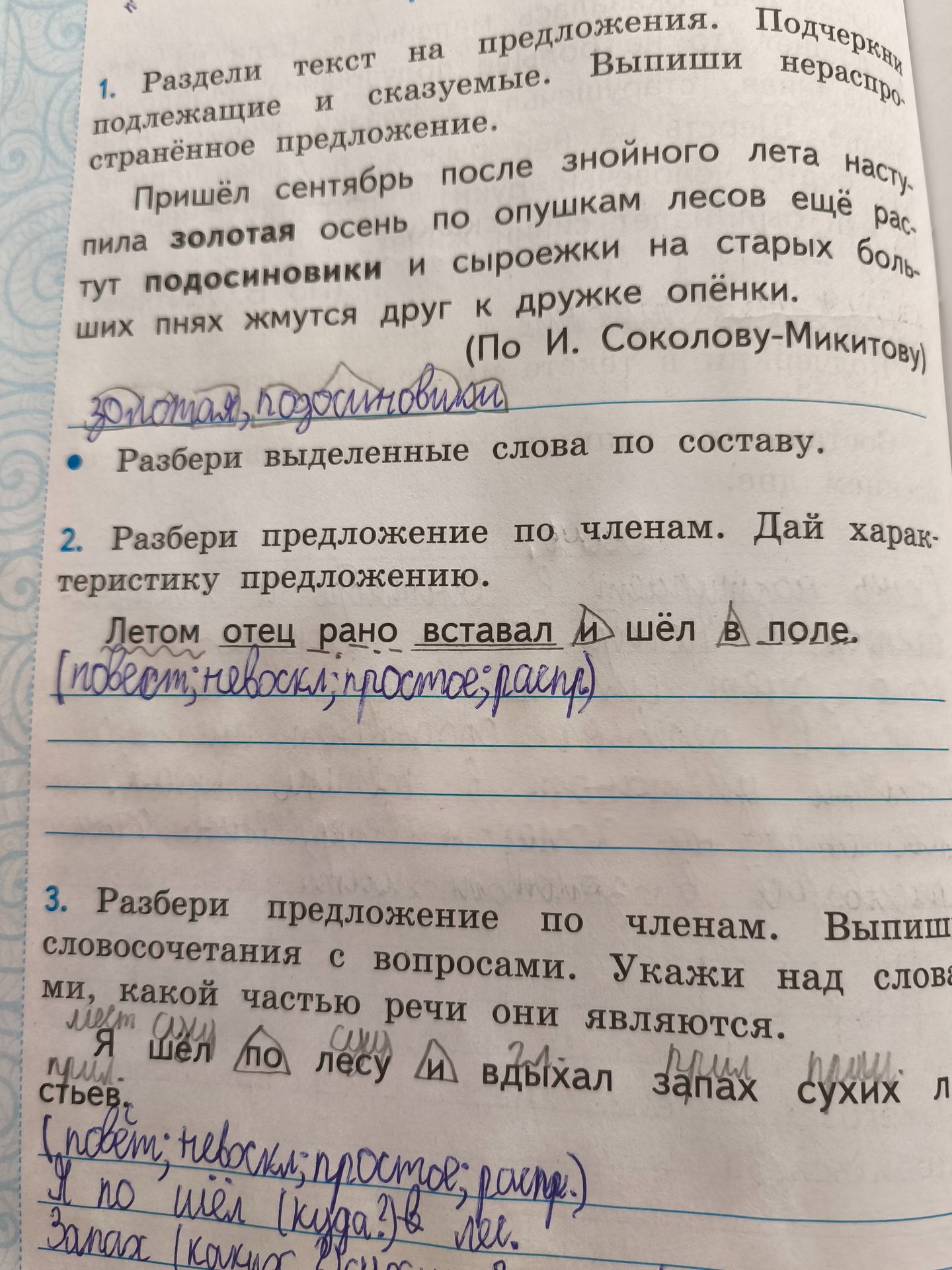 Фото задания: 3. Разбери предложение по членам. Выпиши словосочетания с вопросами. Укажи над словами, какой частью речи они являются. Я шёл…